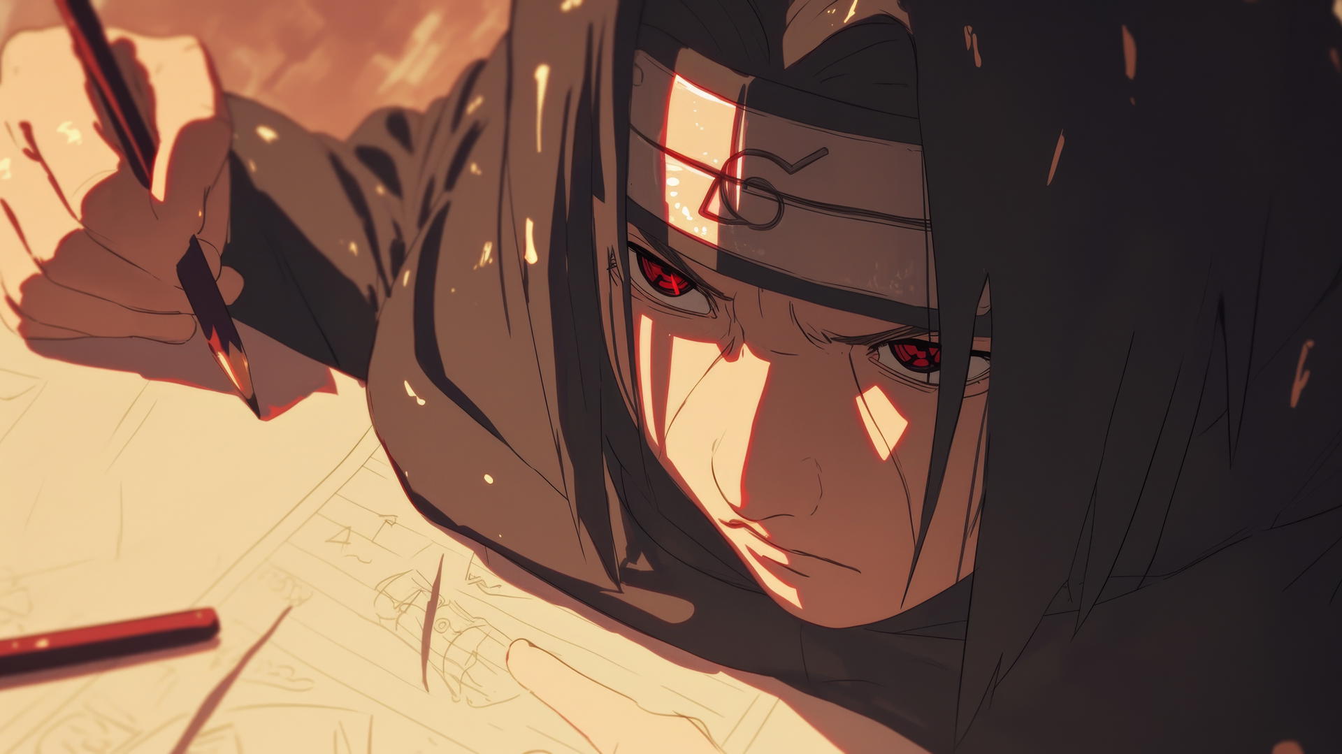 itachi uchiha drawing with pencil marks and annotations