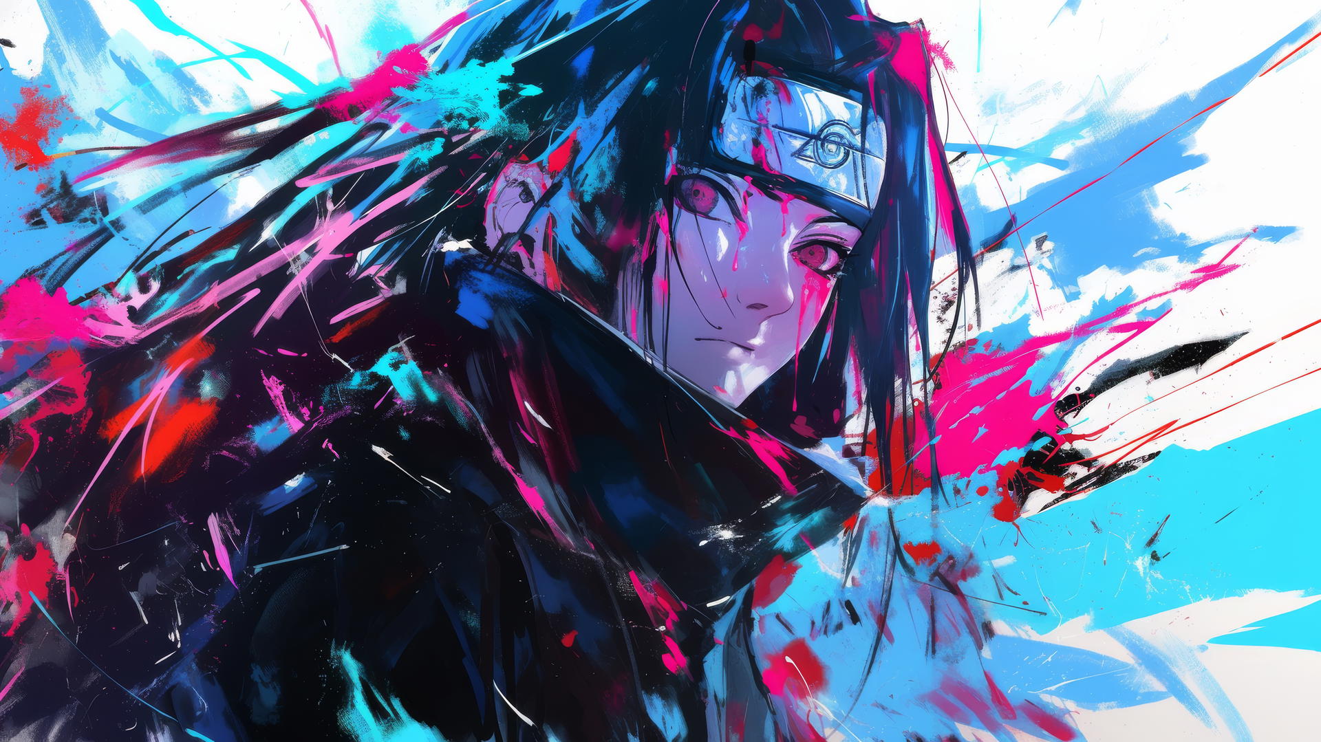 Itachi Uchiha drawing with vibrant street-art style and graffiti elements