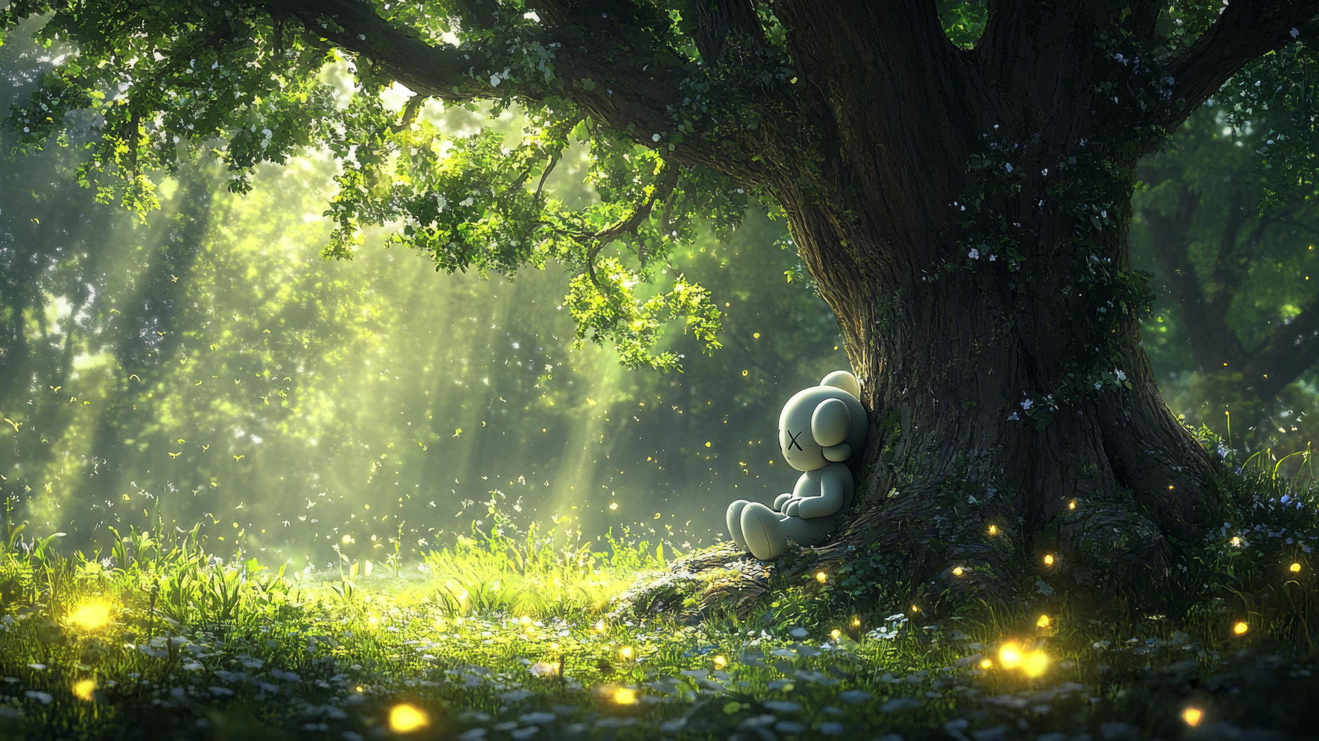 Kaws artwork with the Companion character under an oak tree in a misty, firefly-lit forest