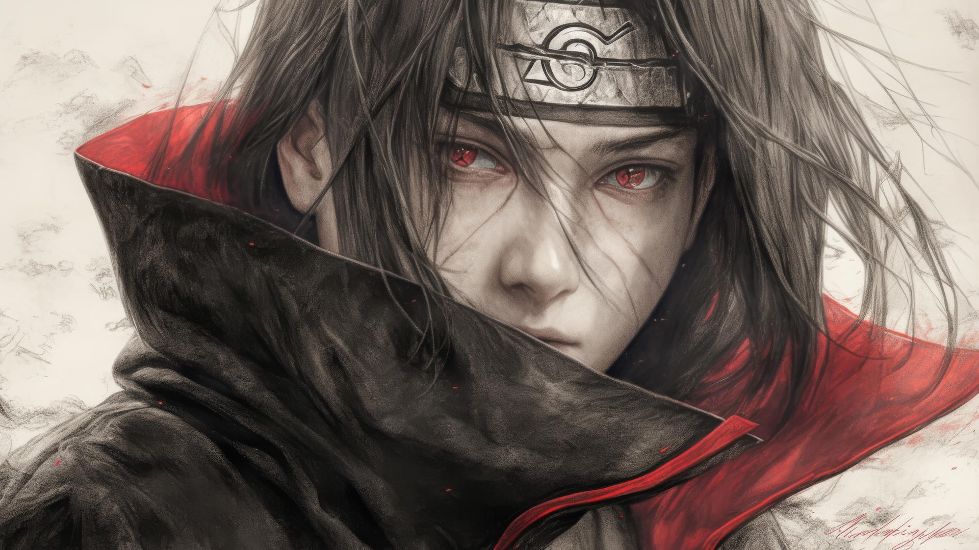 Photorealistic Itachi Uchiha drawing with detailed facial features and lifelike expression