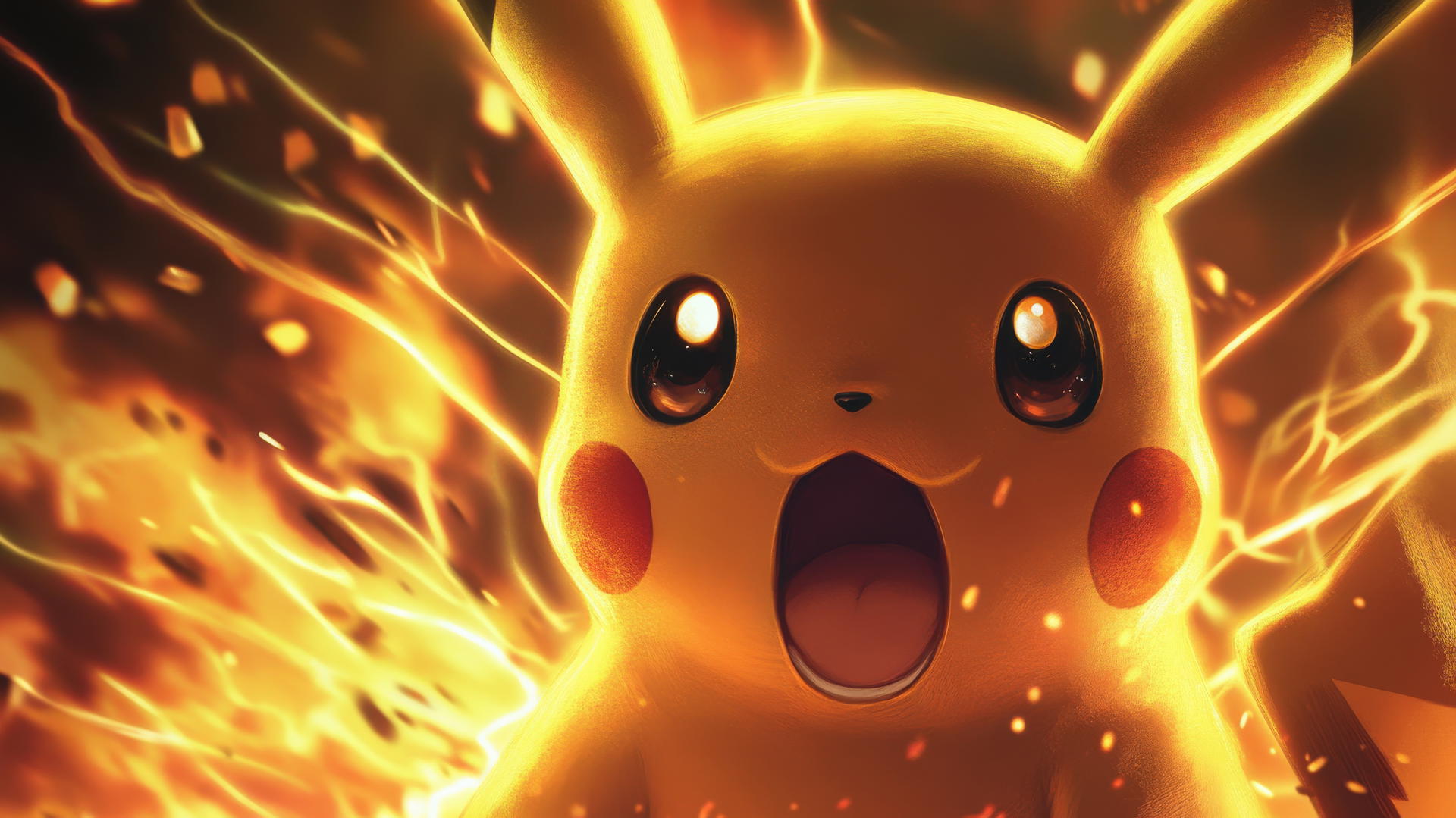 Surprised Pikachu with big sparkling eyes and open mouth, glowing light effects.