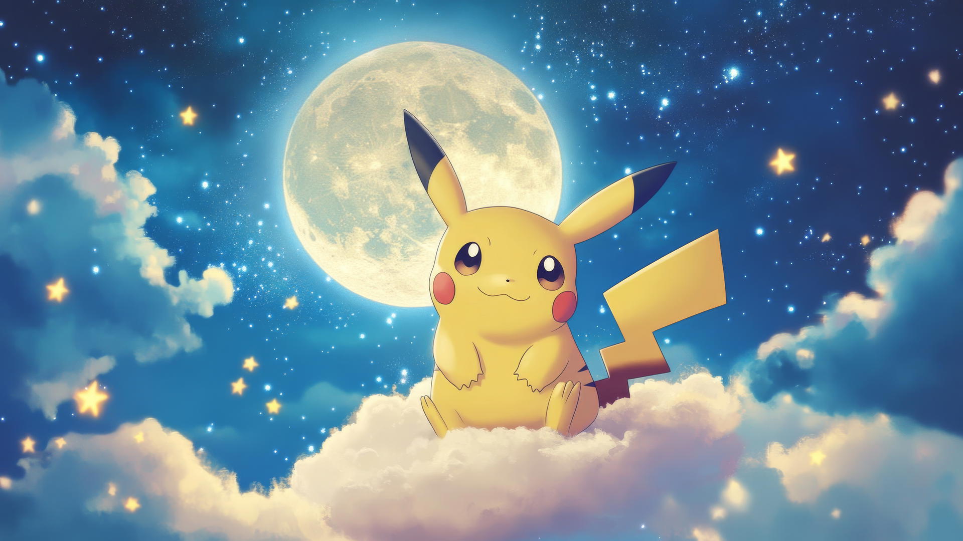 Pikachu riding a cloud through a magical night sky with stars and a full moon