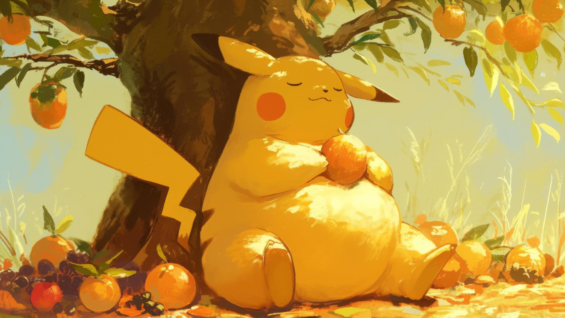 Fat Pikachu sitting under a tree surrounded by piles of fruit