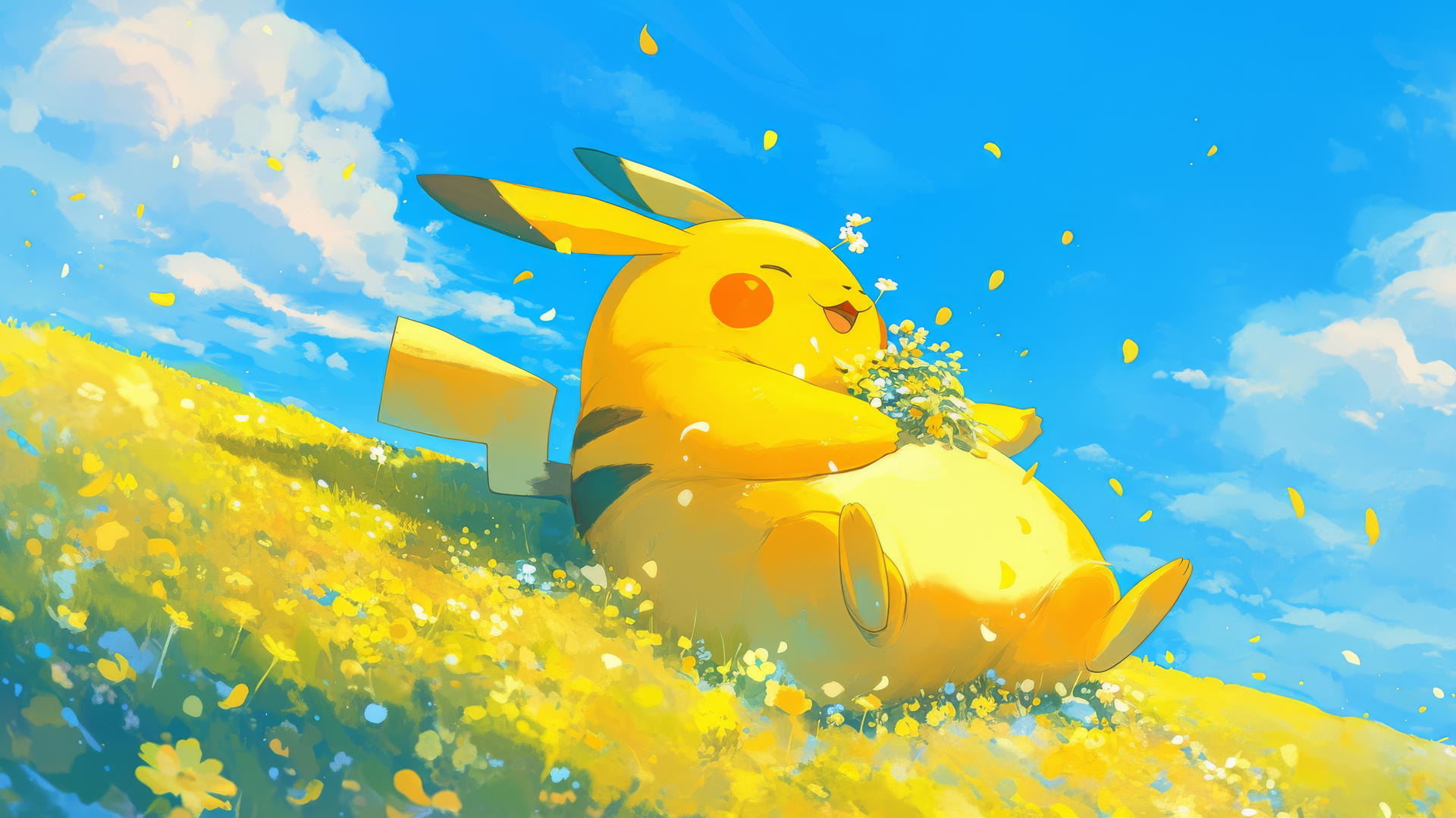 Fat Pikachu rolling down a flower-covered hill playfully