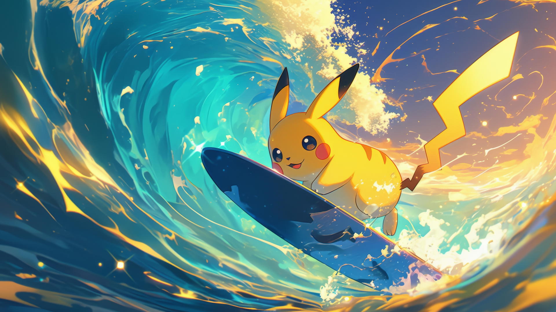 Surfing Pikachu riding a tidal wave of electricity with glowing fur and electric sparks