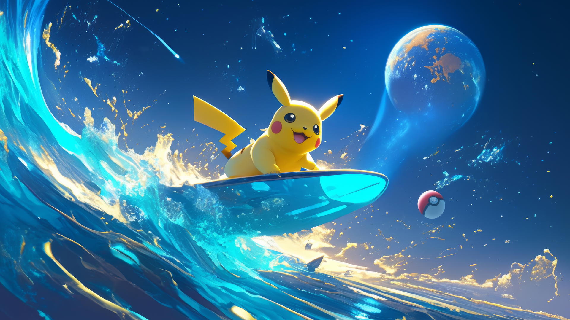 Surfing Pikachu on a glowing surfboard in outer space