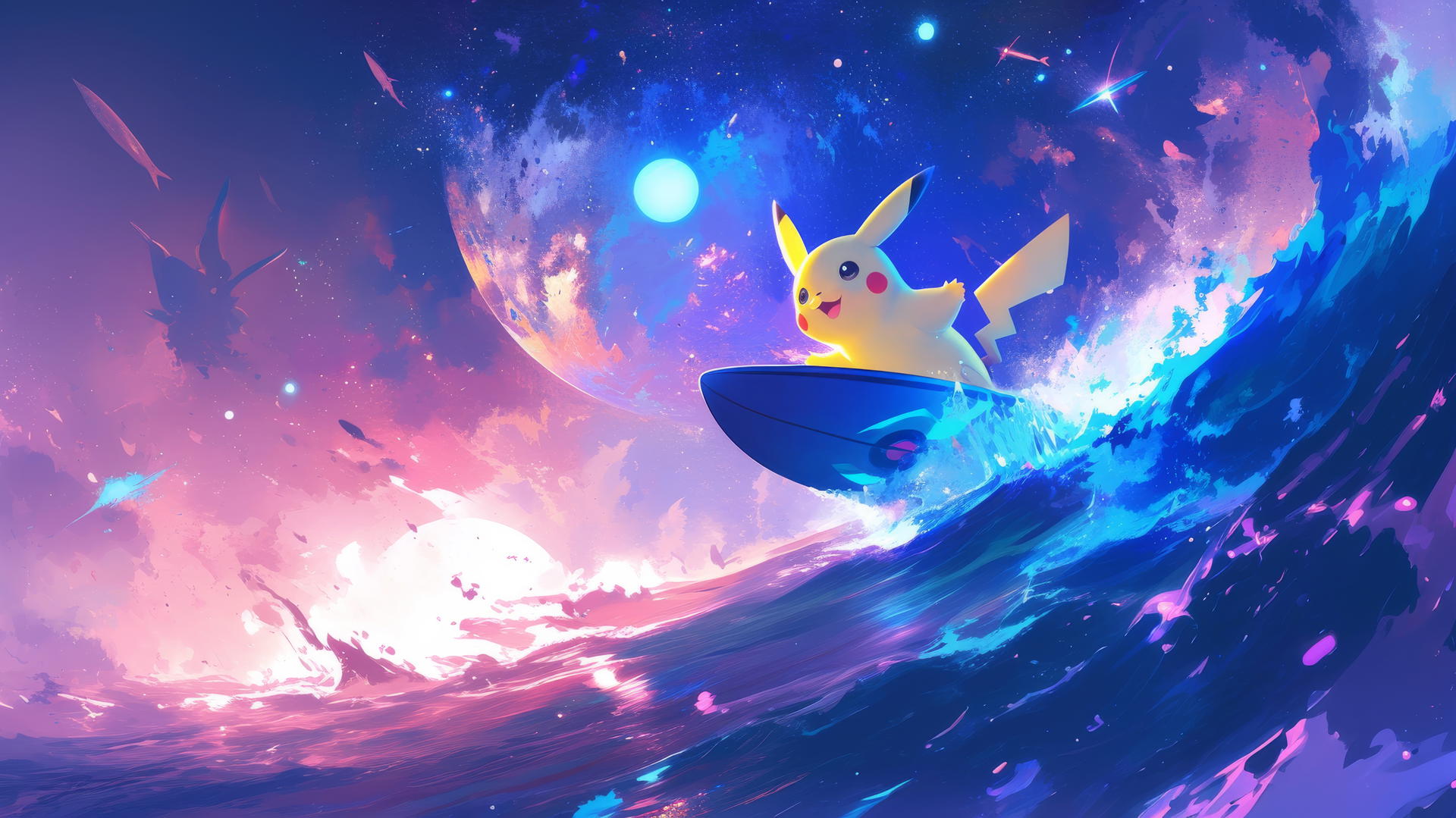 Pikachu surfing on a glowing surfboard in cosmic waves