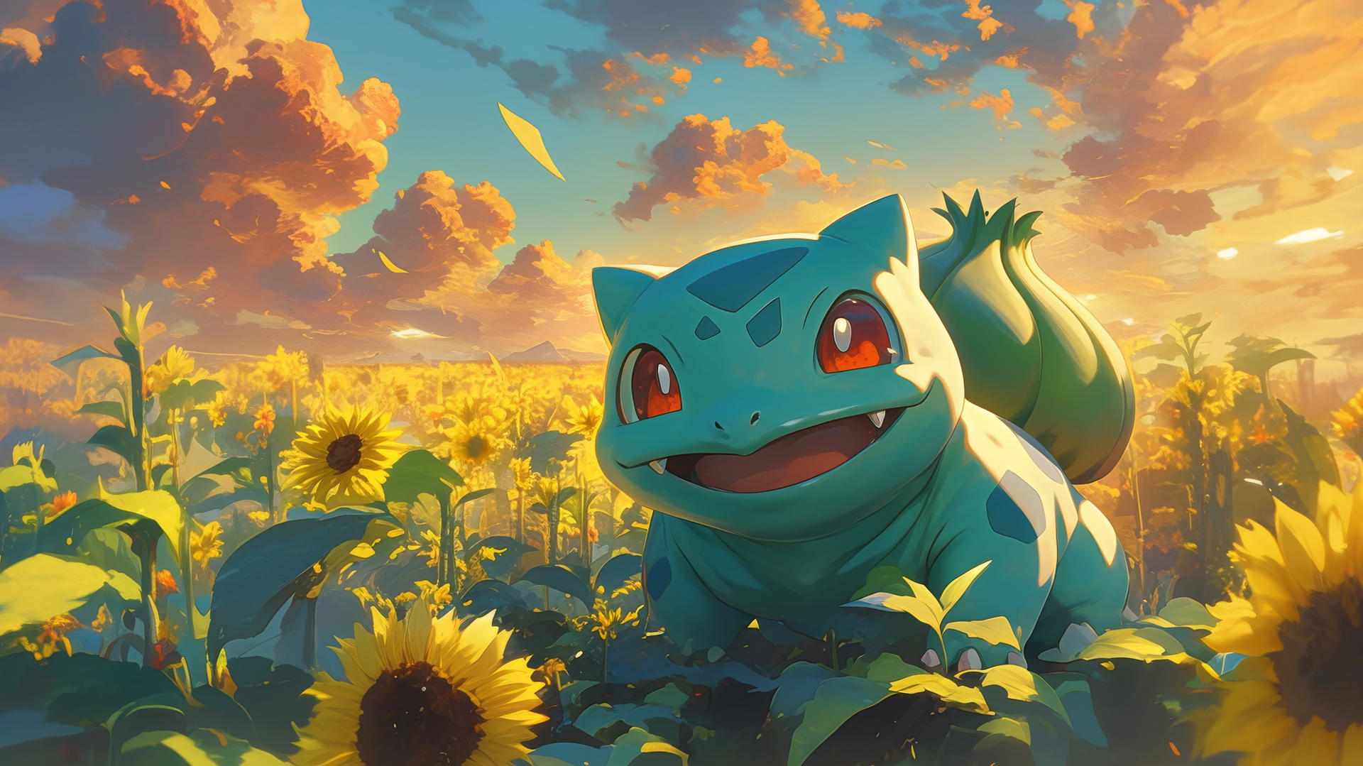 Pokemon Bulbasaur in a vibrant sunflower field at sunrise