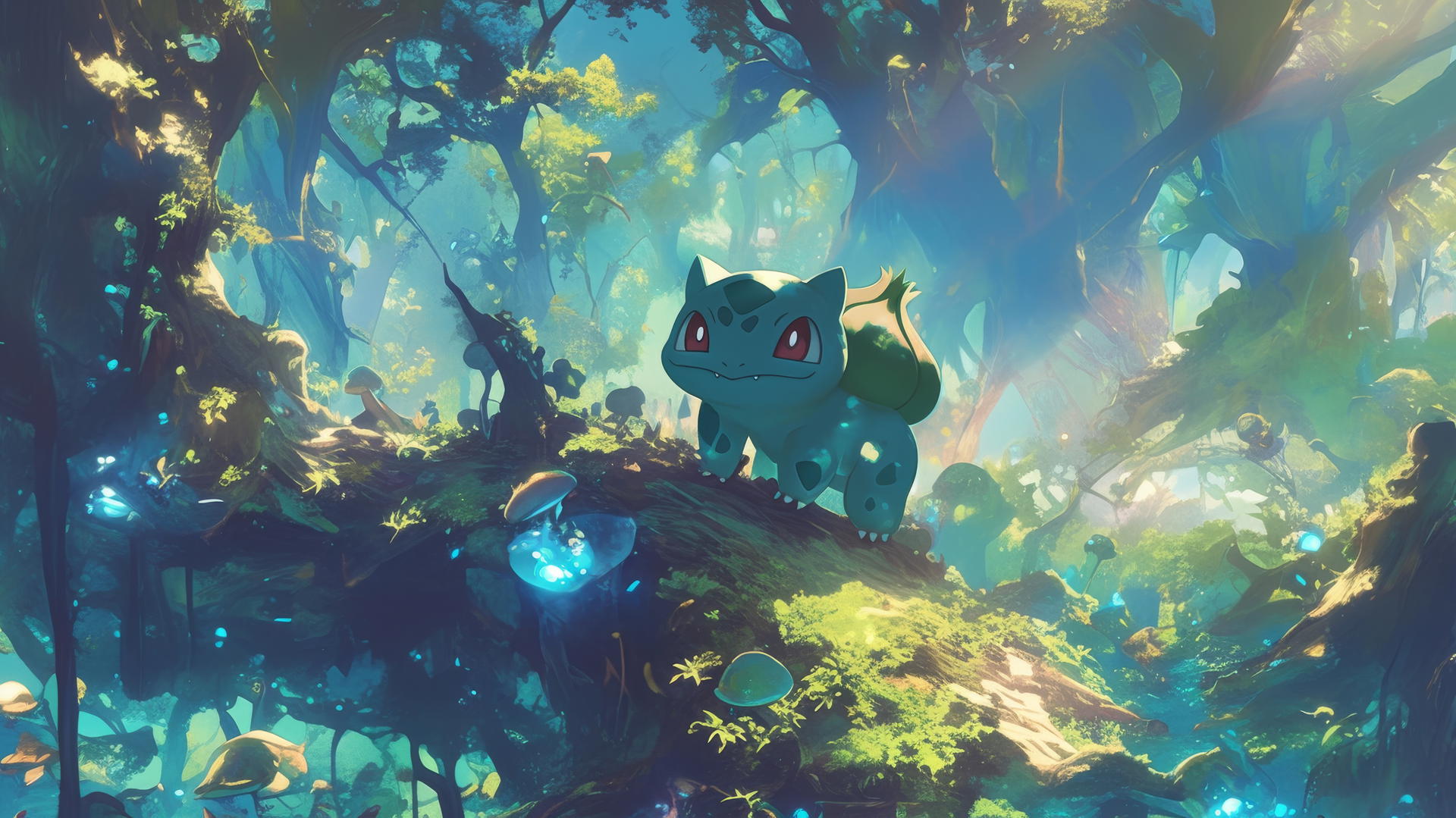 Pokemon Bulbasaur wandering through an enchanted forest with glowing mushrooms