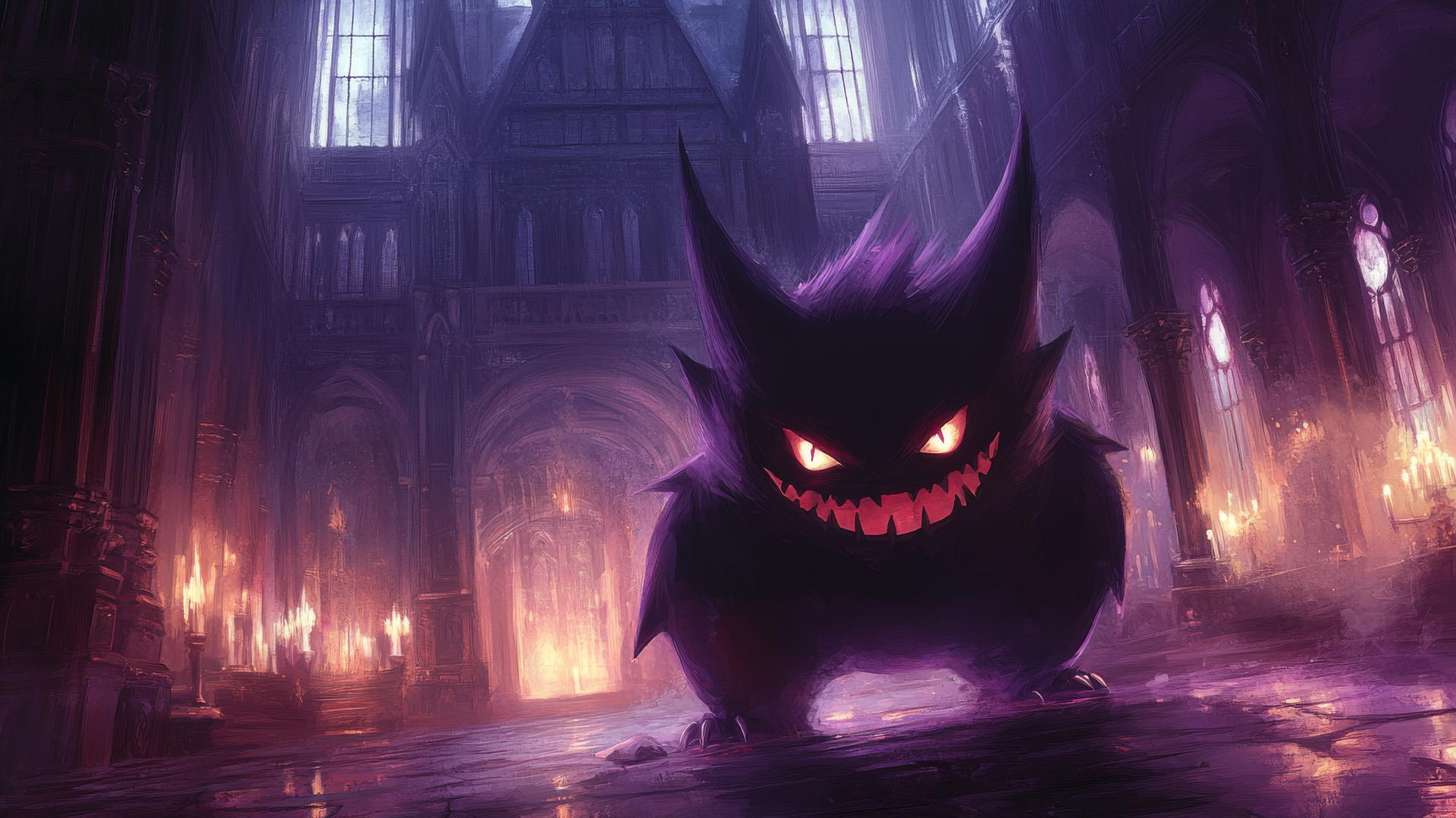 Gengar Pokémon in gothic painting with dark architecture and candlelight.