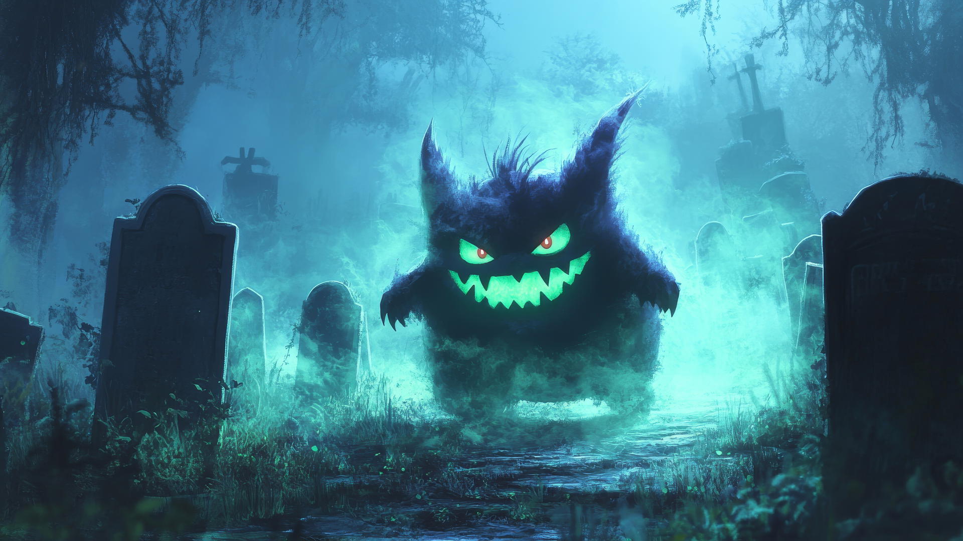 Gengar Pokemon smirking in a foggy graveyard with eerie green glow