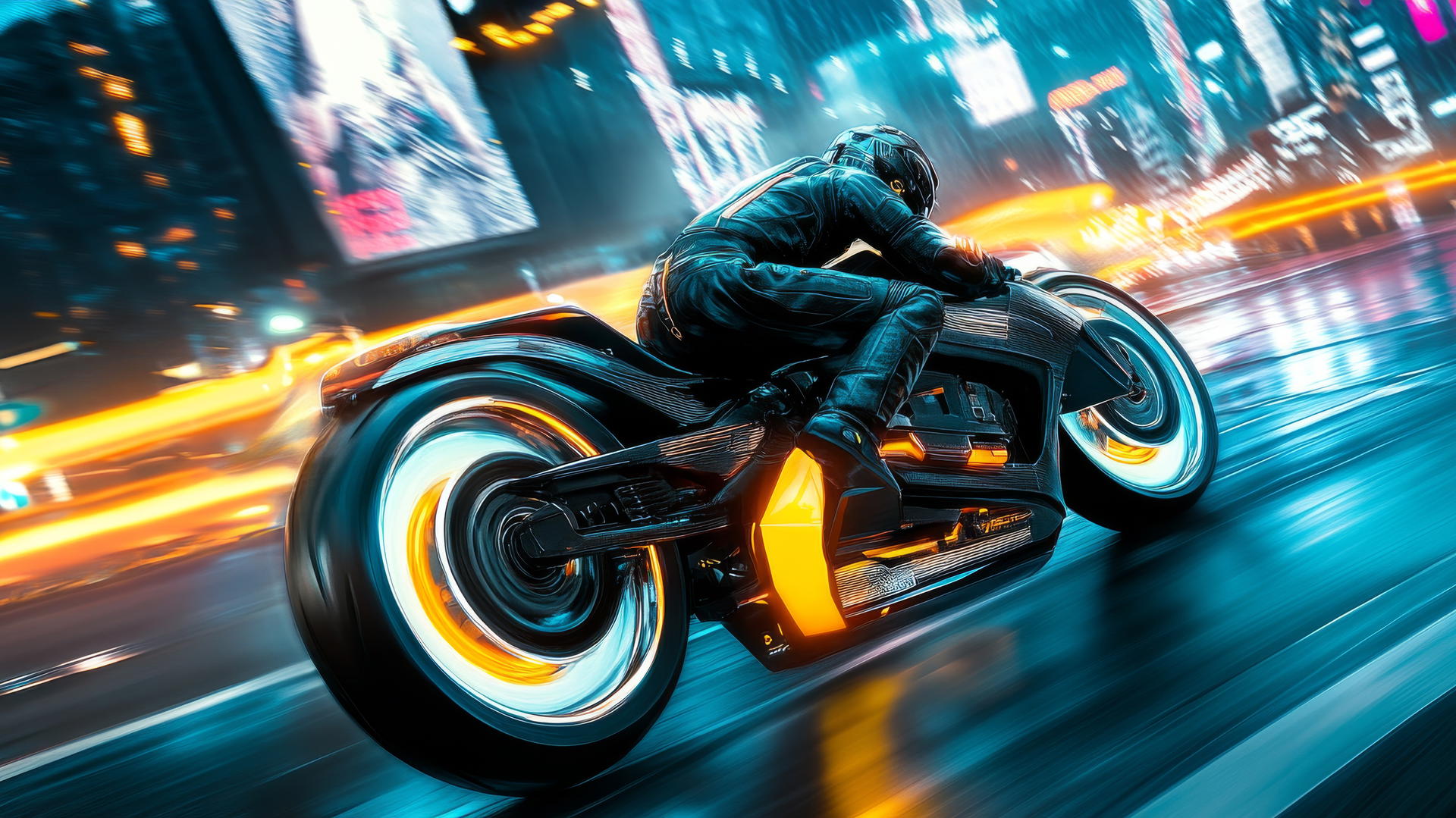 Cool wallpapers for boys showcasing a futuristic motorcycle racing in a high-tech city