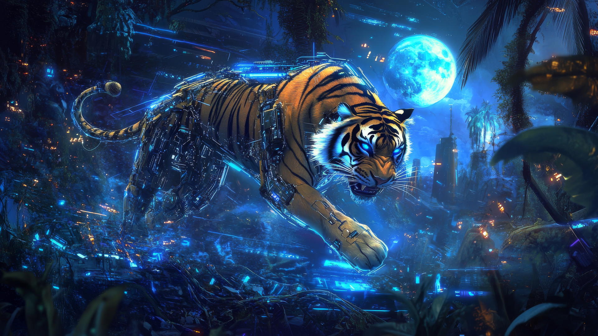 cool wallpapers for boys featuring a fierce mechanical tiger in a cyberpunk jungle