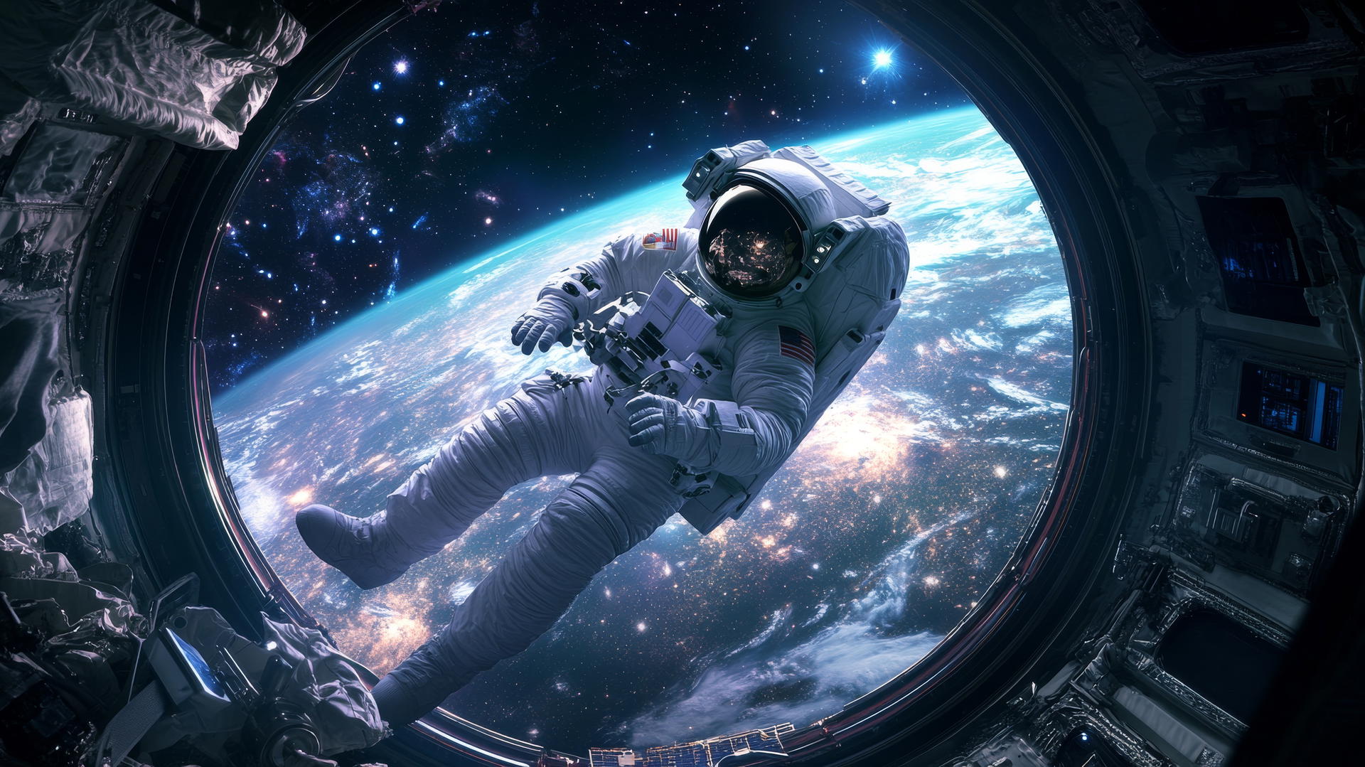 cool wallpapers for boys: young astronaut in zero gravity with planet and galaxies