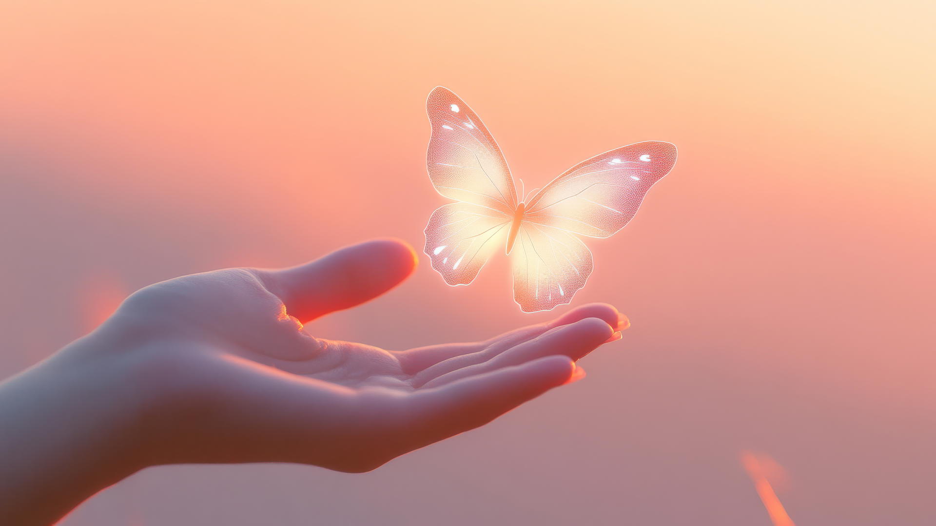 glowing butterfly hovering above a girl's hand with pink and white gradient backdrop