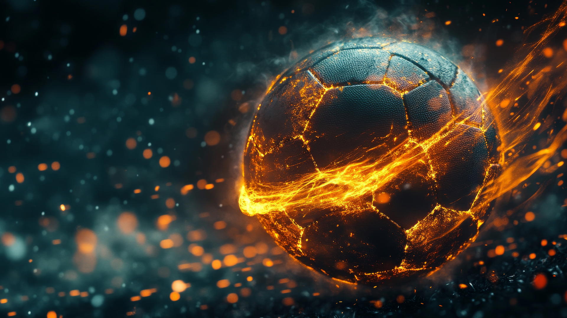 Minimalist close-up of glowing football mid-flight with light streaks.