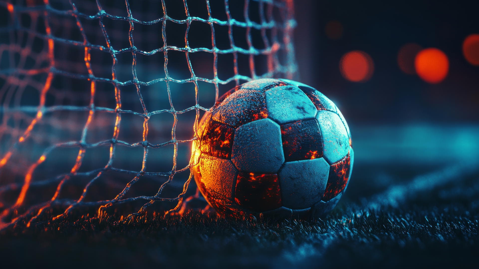 Glowing soccer ball in goal with neon reflections, dark background.