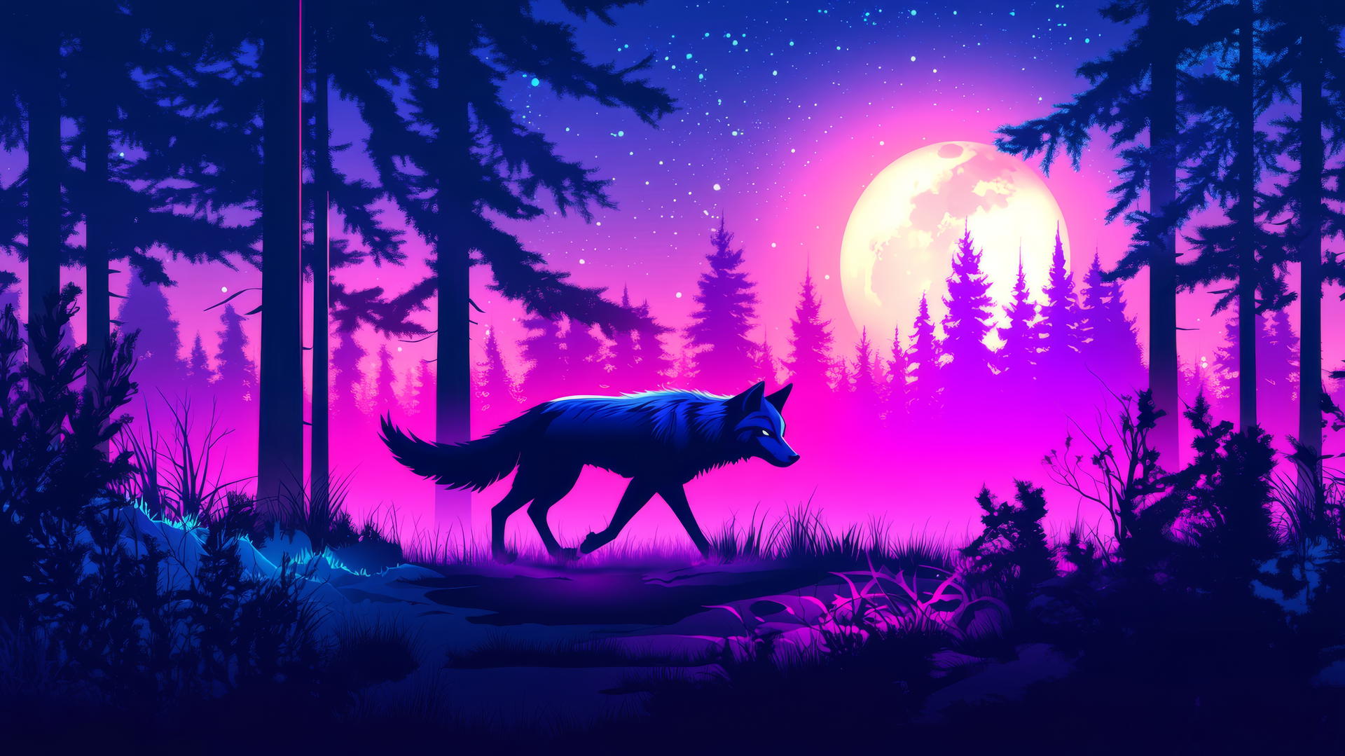 Lone wolf in glowing forest with neon trees and full moon