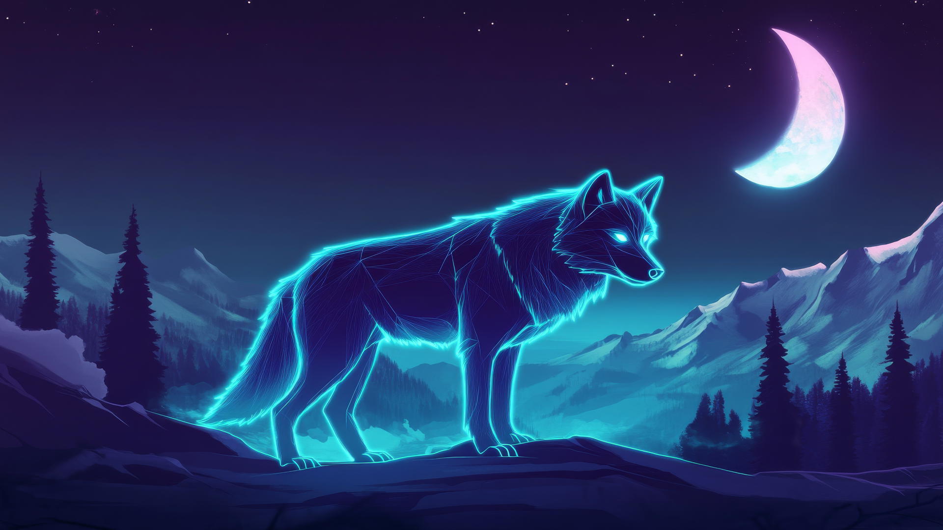 Wolf side profile with glowing outlines against minimalist mountains and crescent moon
