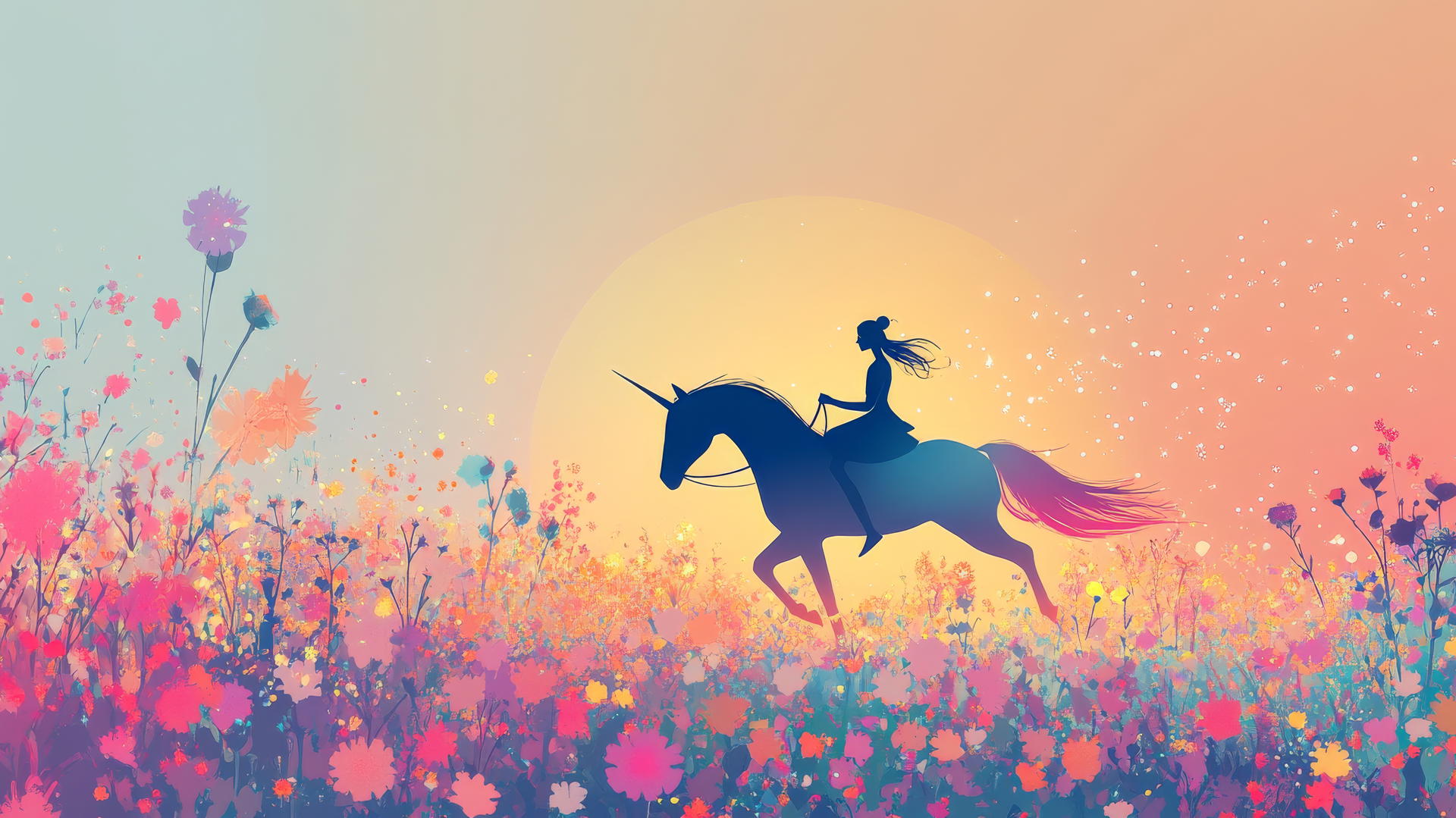 Girl riding a glowing unicorn in a field of flat flowers with a pastel gradient