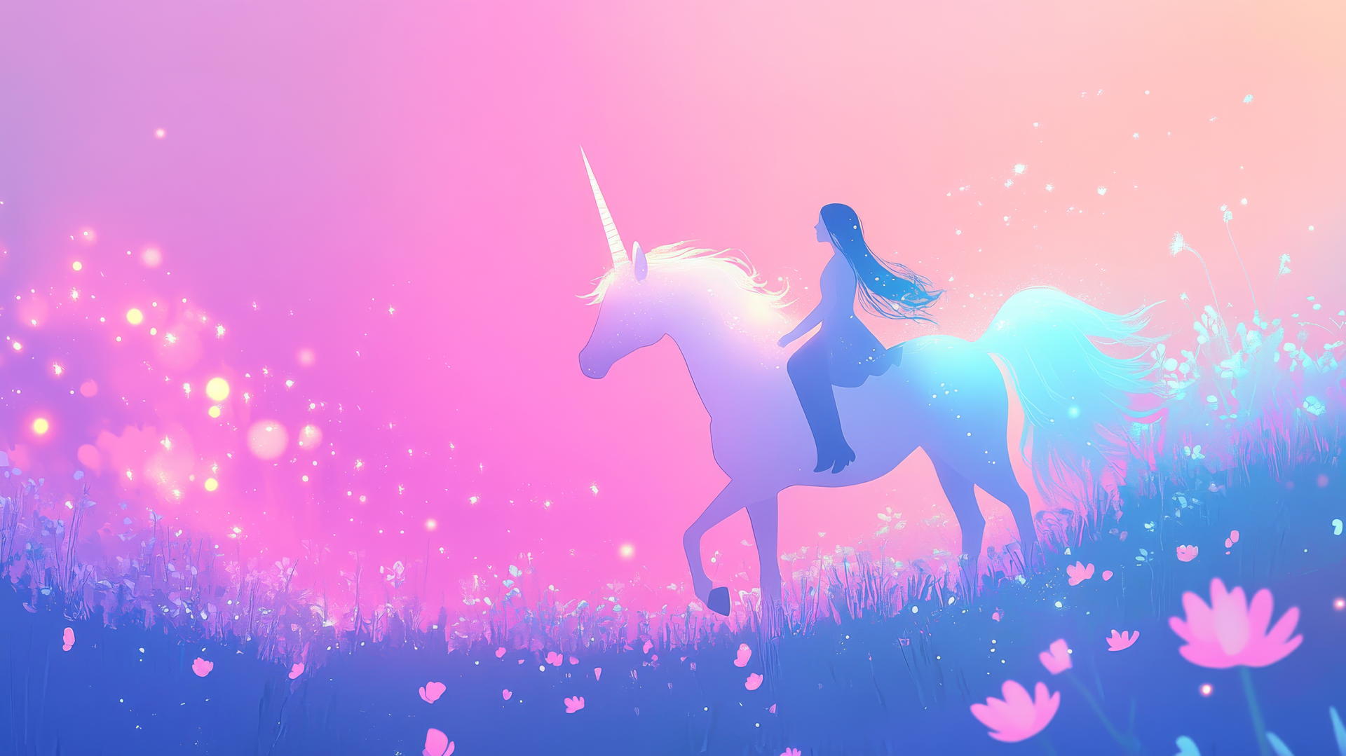 Minimalist design of a girl riding a glowing unicorn through flat flowers with a pastel gradient background.