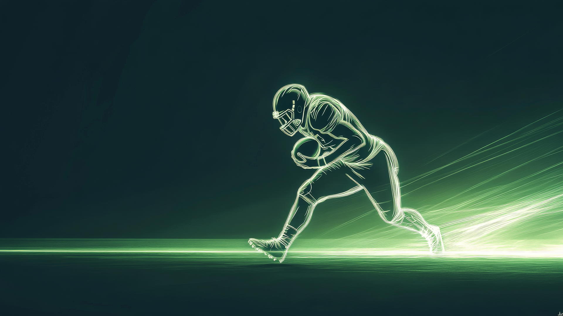 Minimalist design of running back sprinting with glowing outlines on flat field