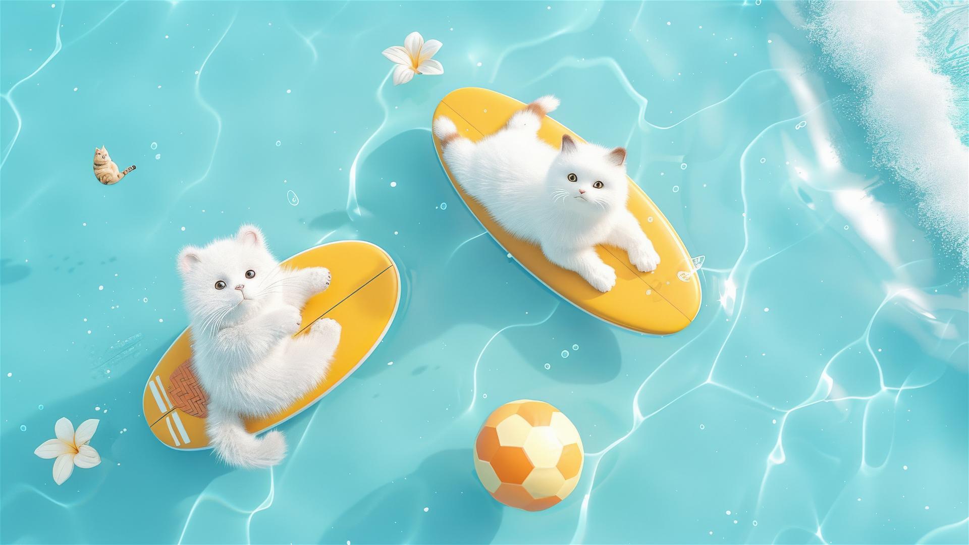 Cartoon bear and cat on surfboards playing with ball in pool