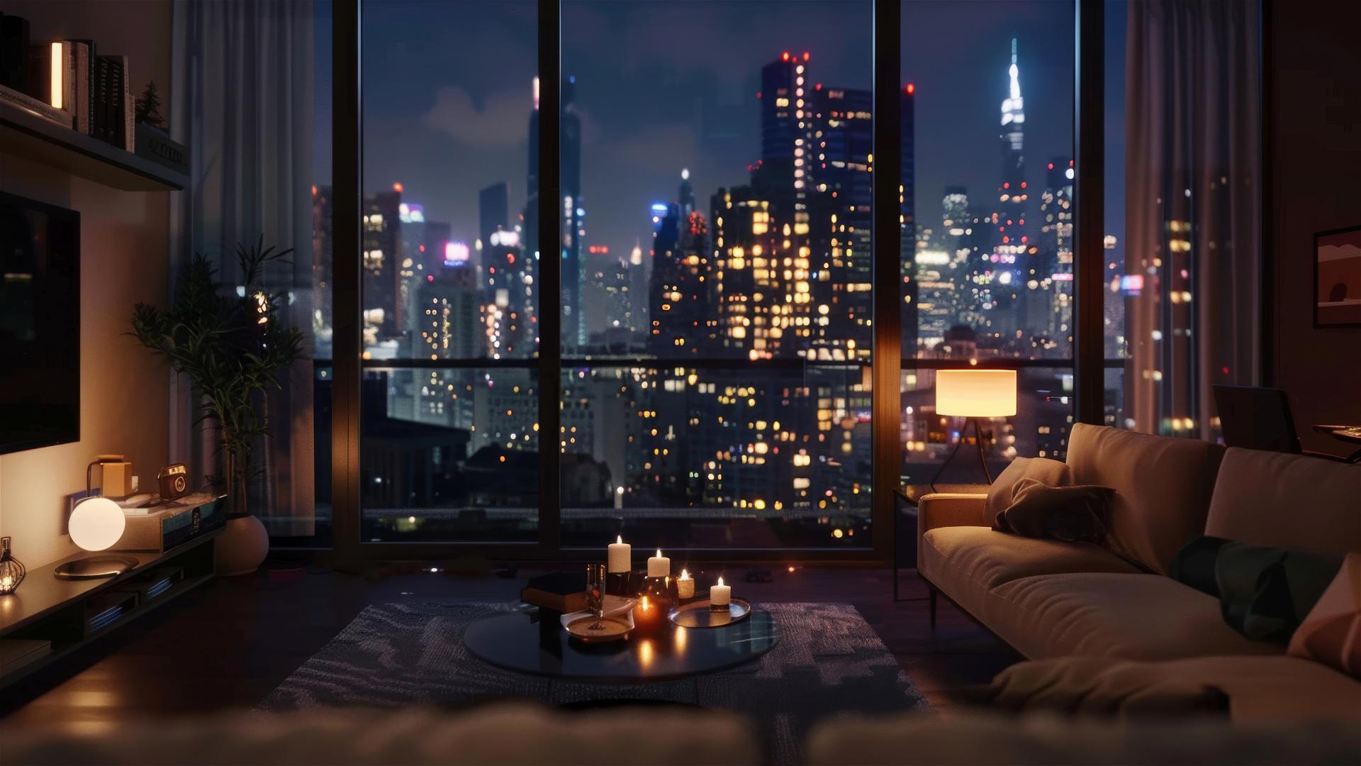 Cozy living room, dim lights, city view through window