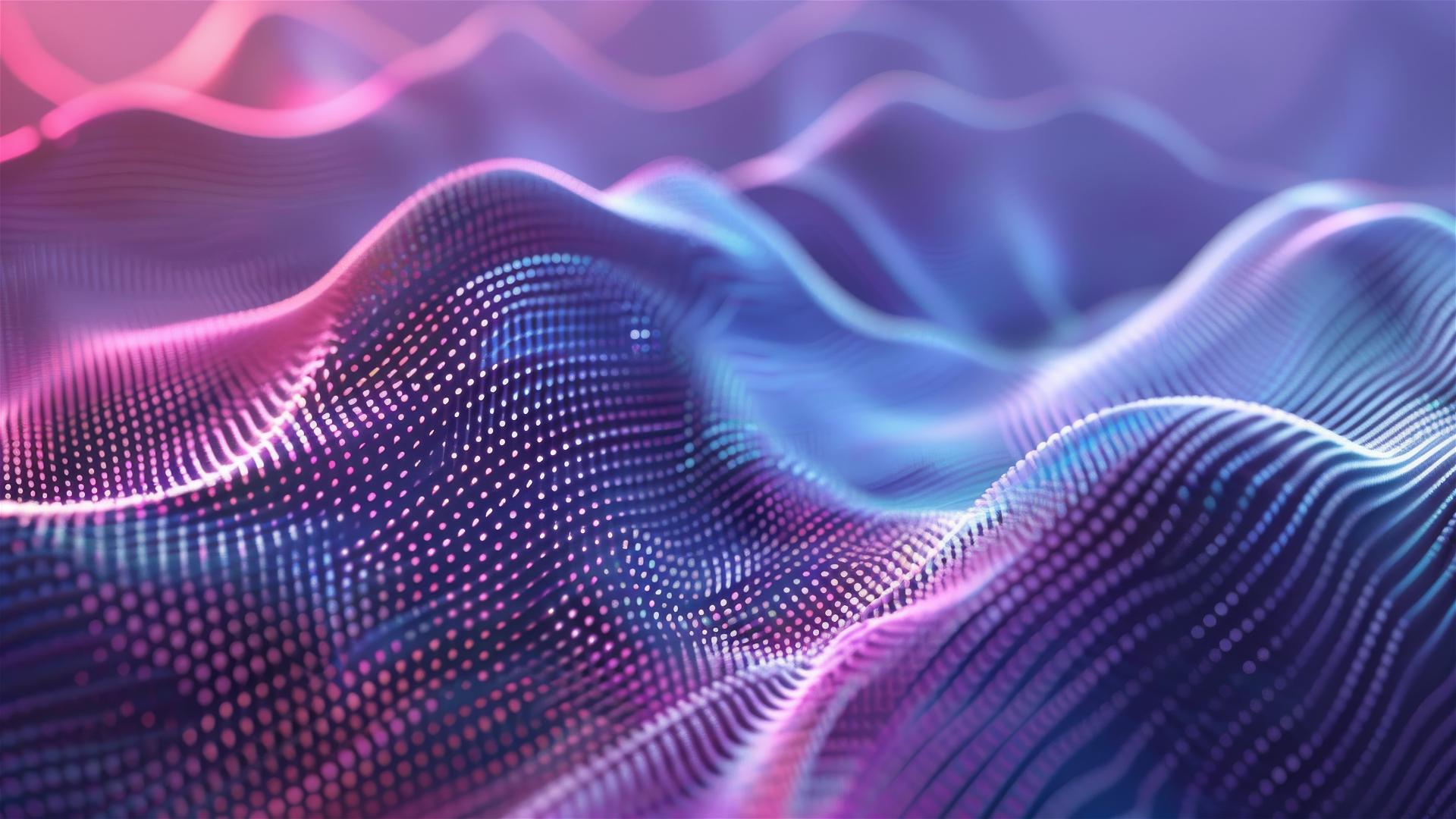 Abstract geometric shapes with wavy, dashed lines and illuminated dots in blue and purple.