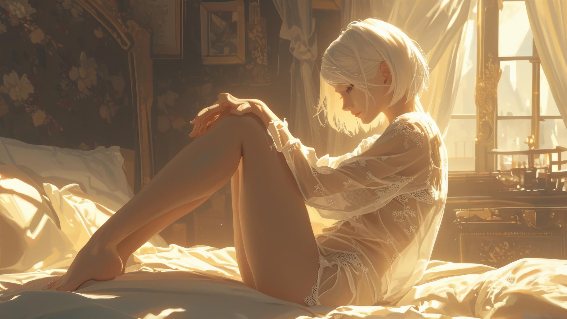 2B from Nier in white silk pajamas, basking in sunrise glow.