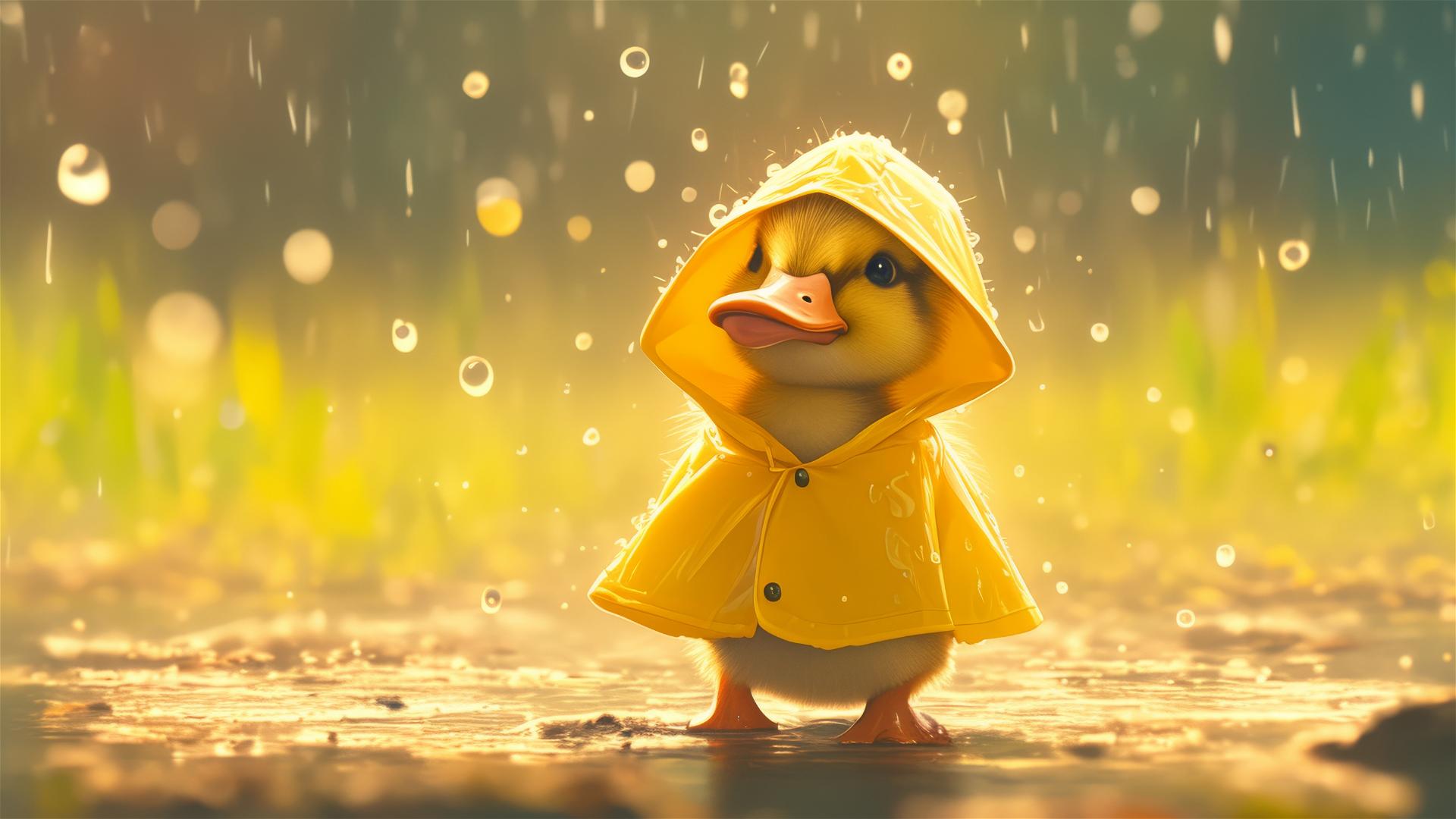Photorealistic baby duck in a yellow raincoat, film style