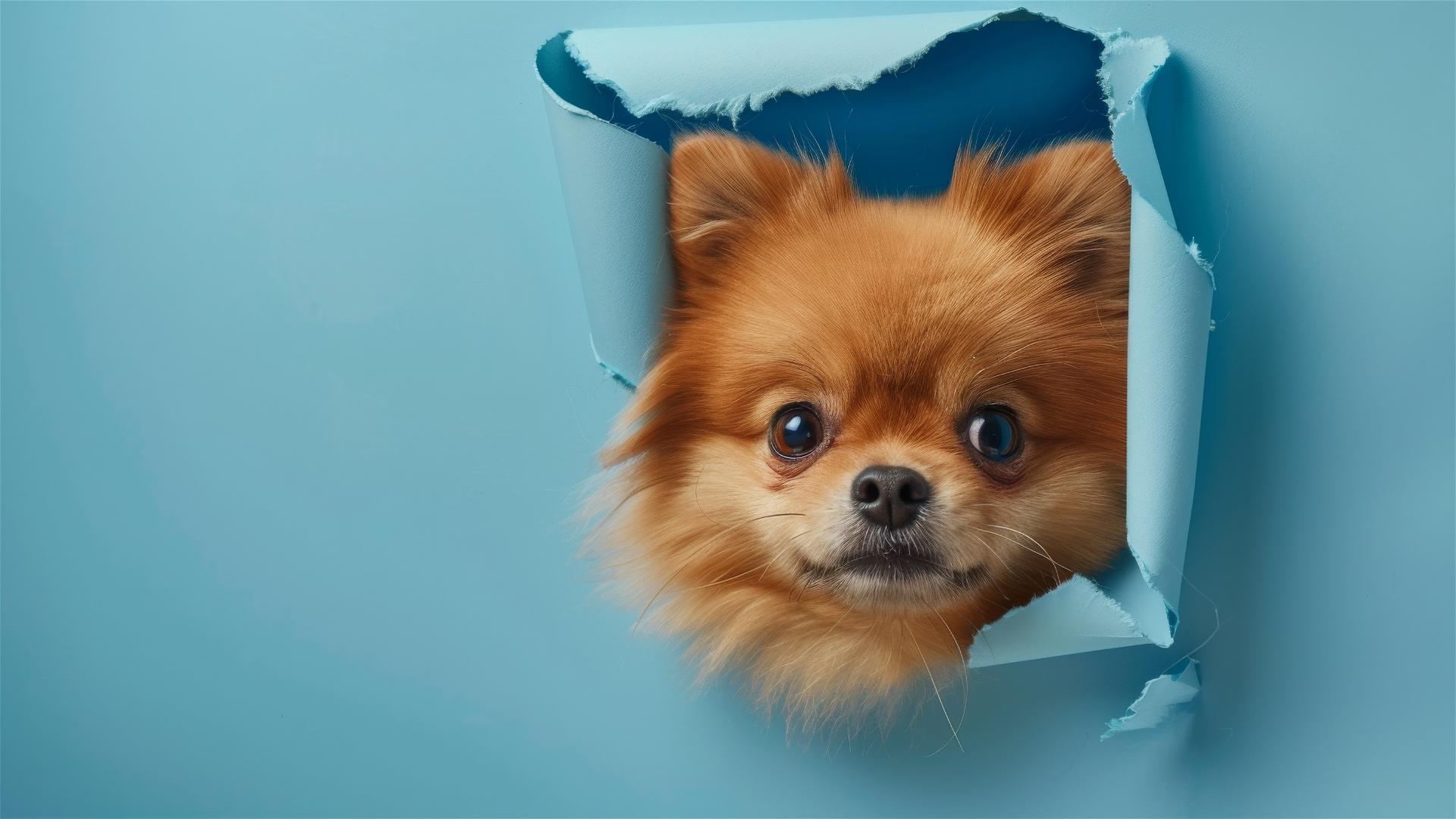 Pomeranian peeking through a hole in a sky blue paper