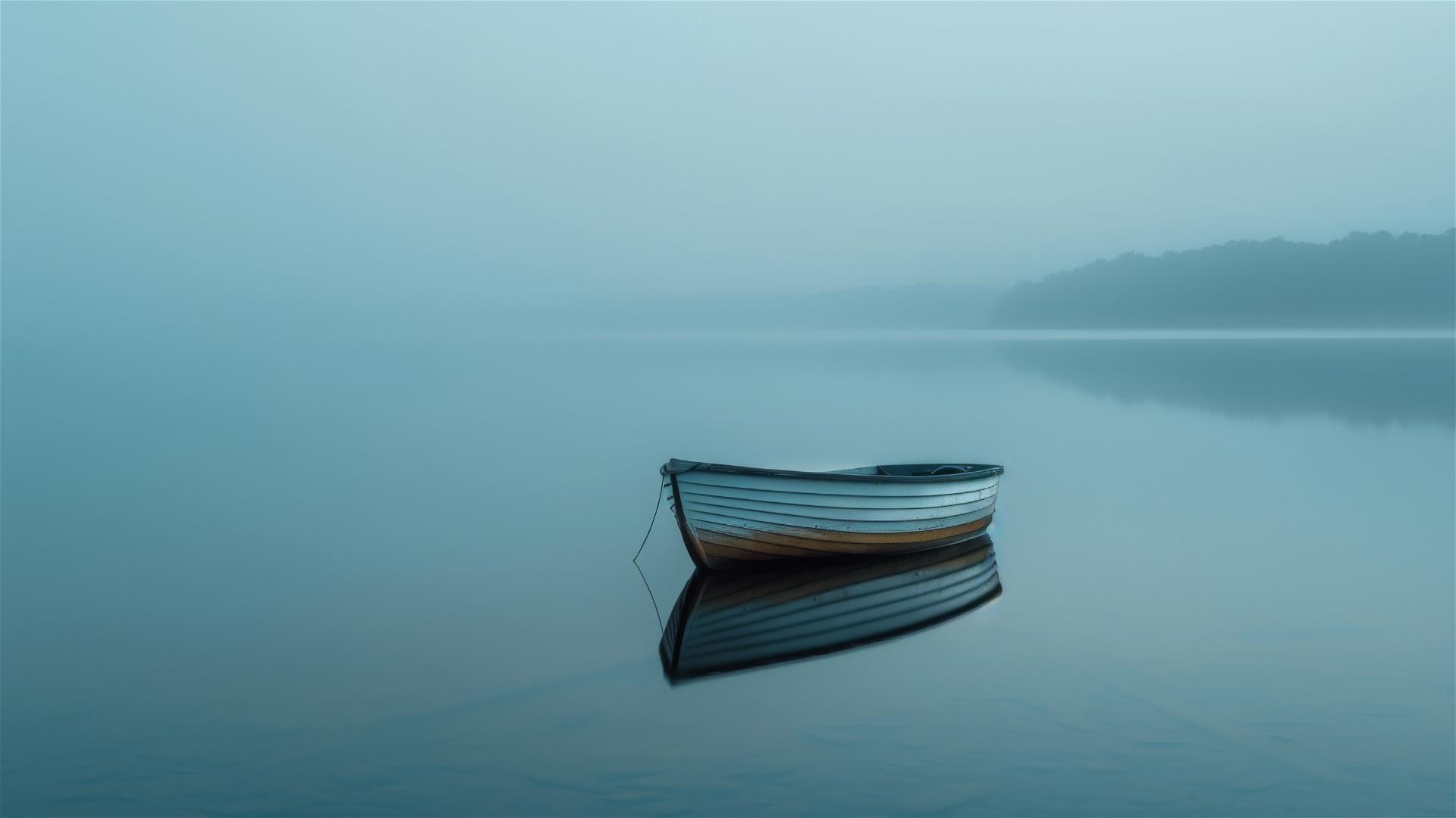 Small boat on a calm lake at dawn, clear skies, long exposure, natural light