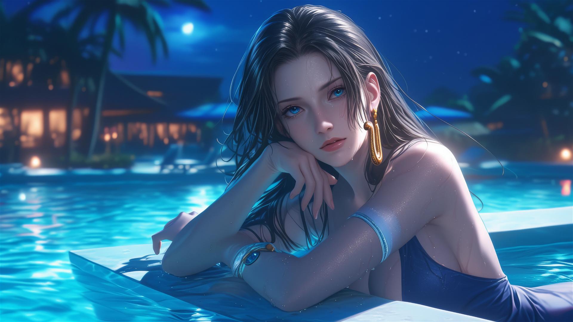 Boa Hancock from One Piece beside the pool under moonlight