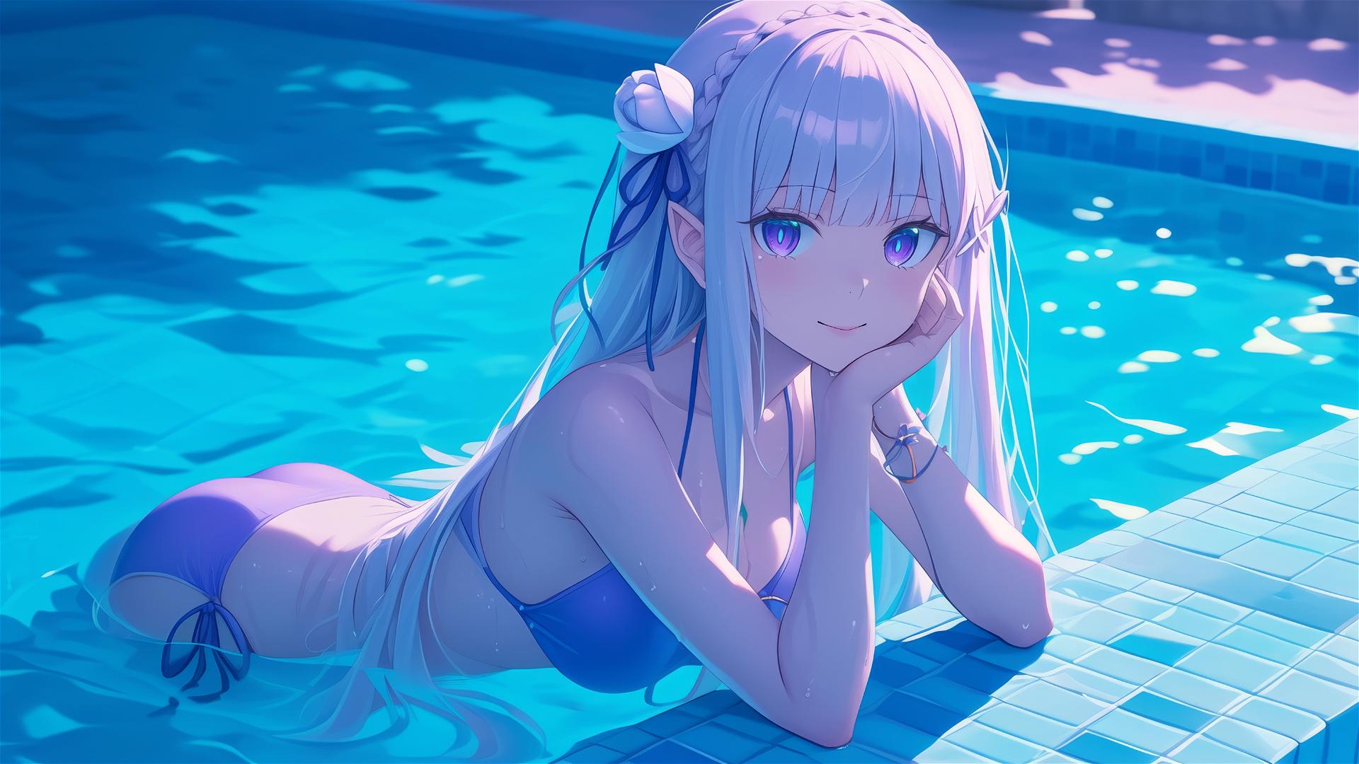 Emilia from Re:Zero resting in a pool under moonlight