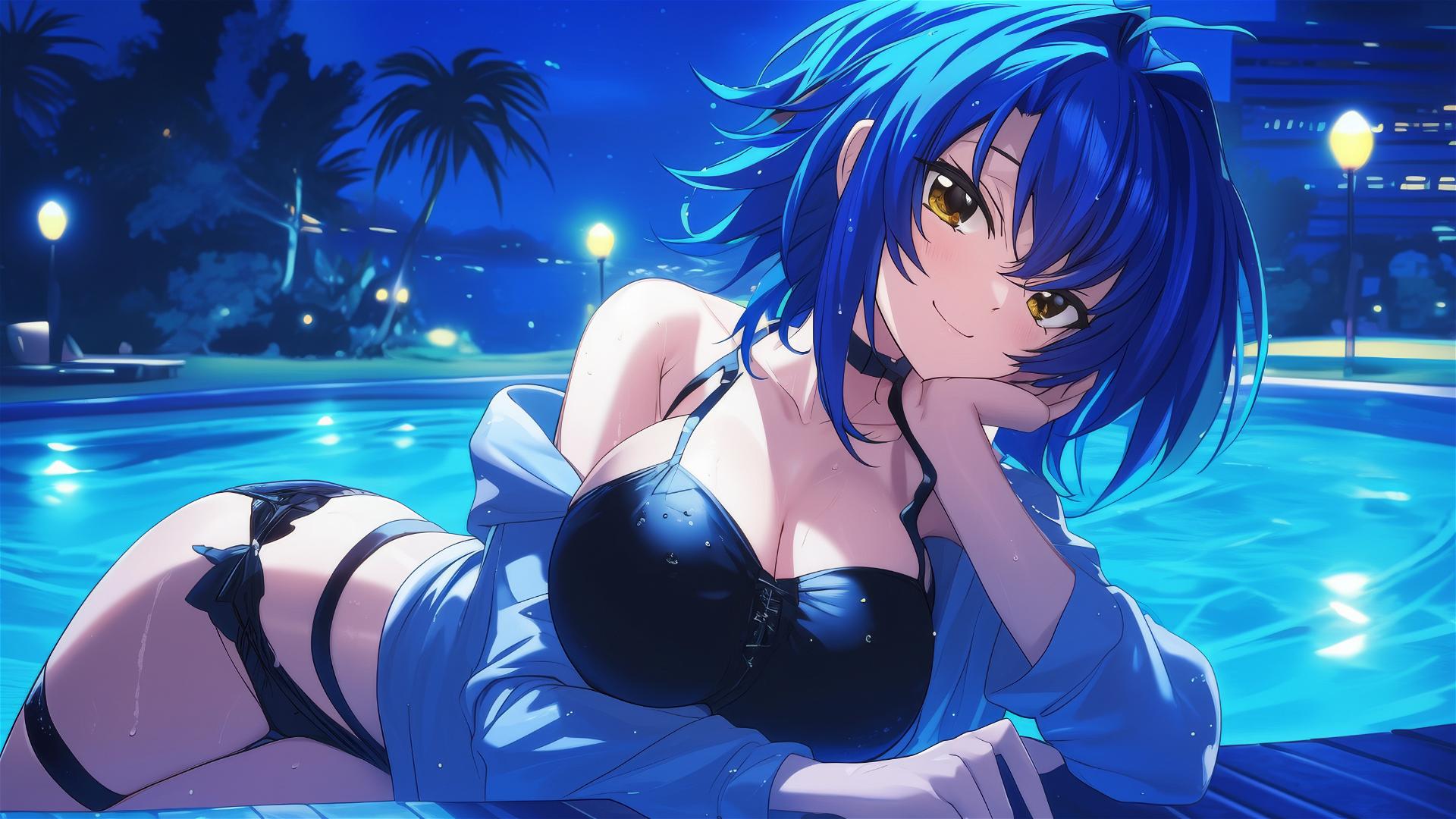 Xenovia from High School DxD swimming in moonlit pool