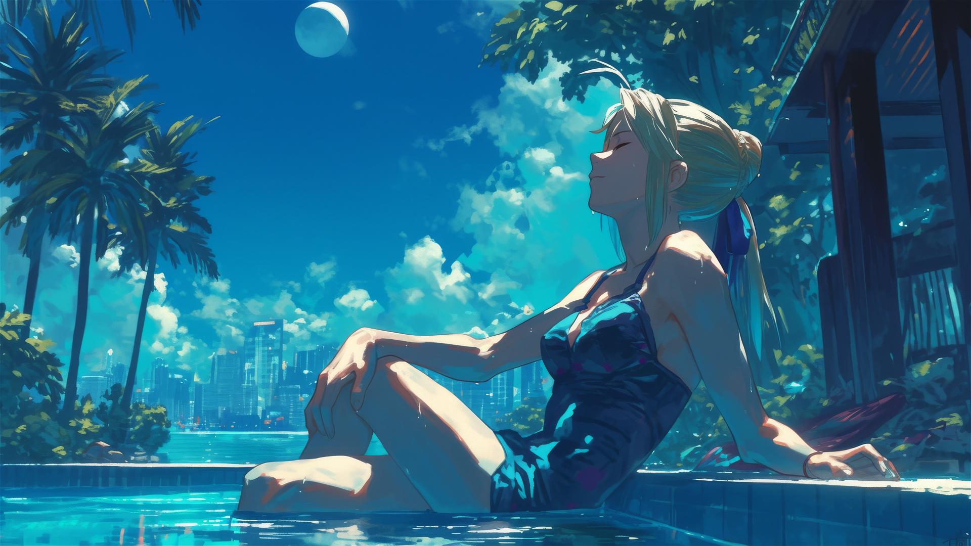 Saber from Fate/Zero resting by the pool under moonlight