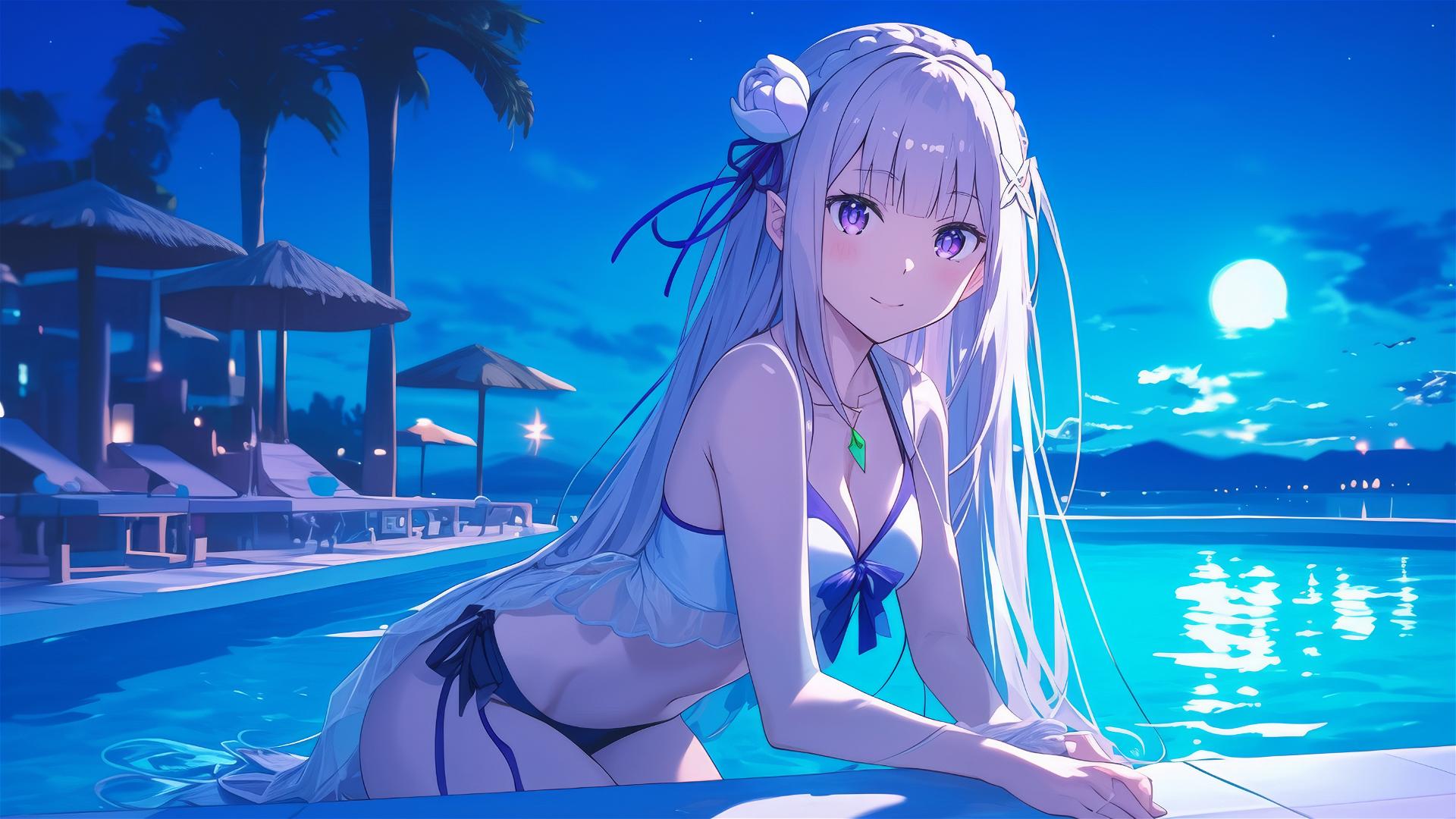 Emilia from Re:Zero resting by pool under moonlight