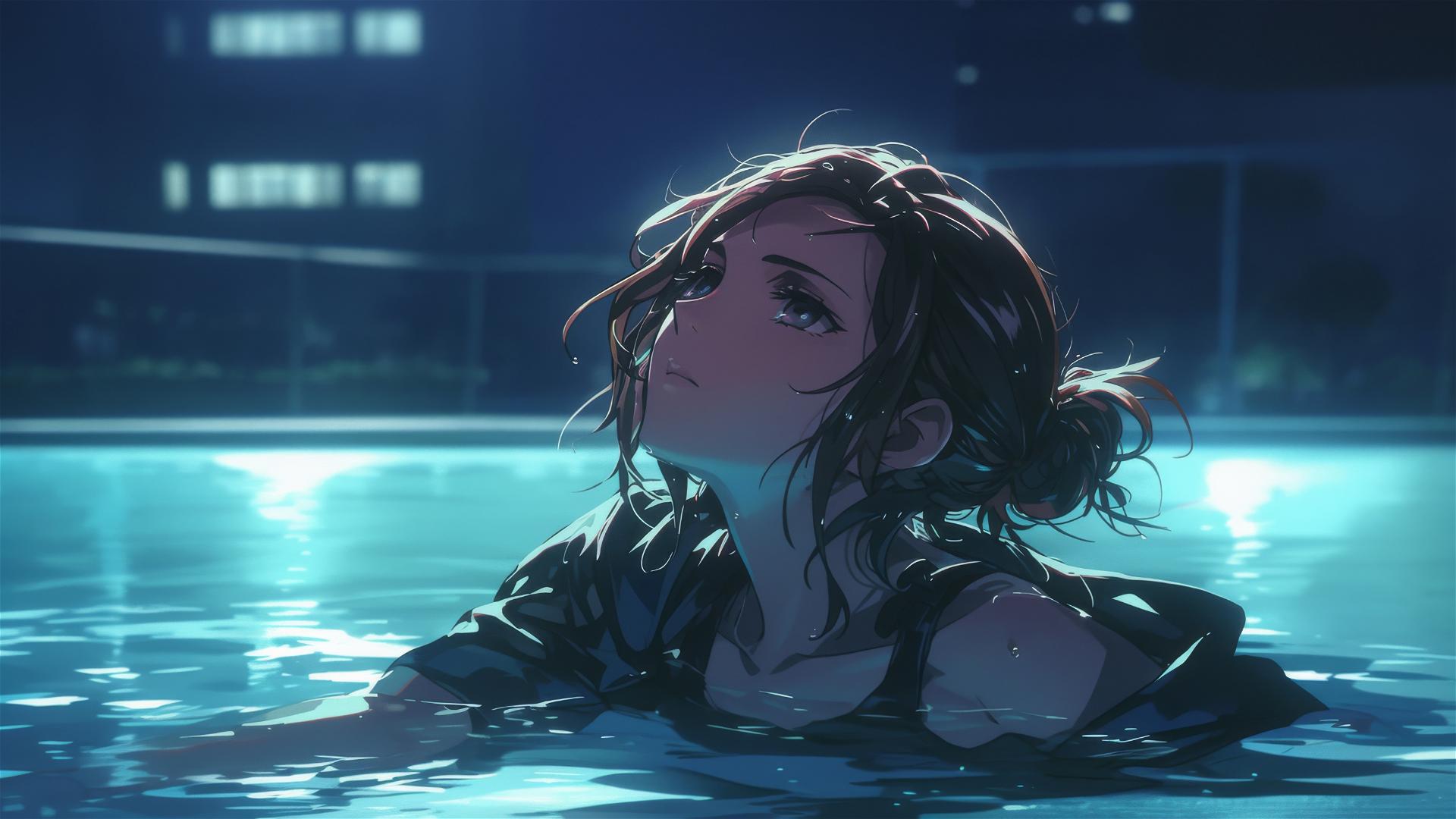 Sasha Blouse from Attack on Titan swimming in a moonlit pool