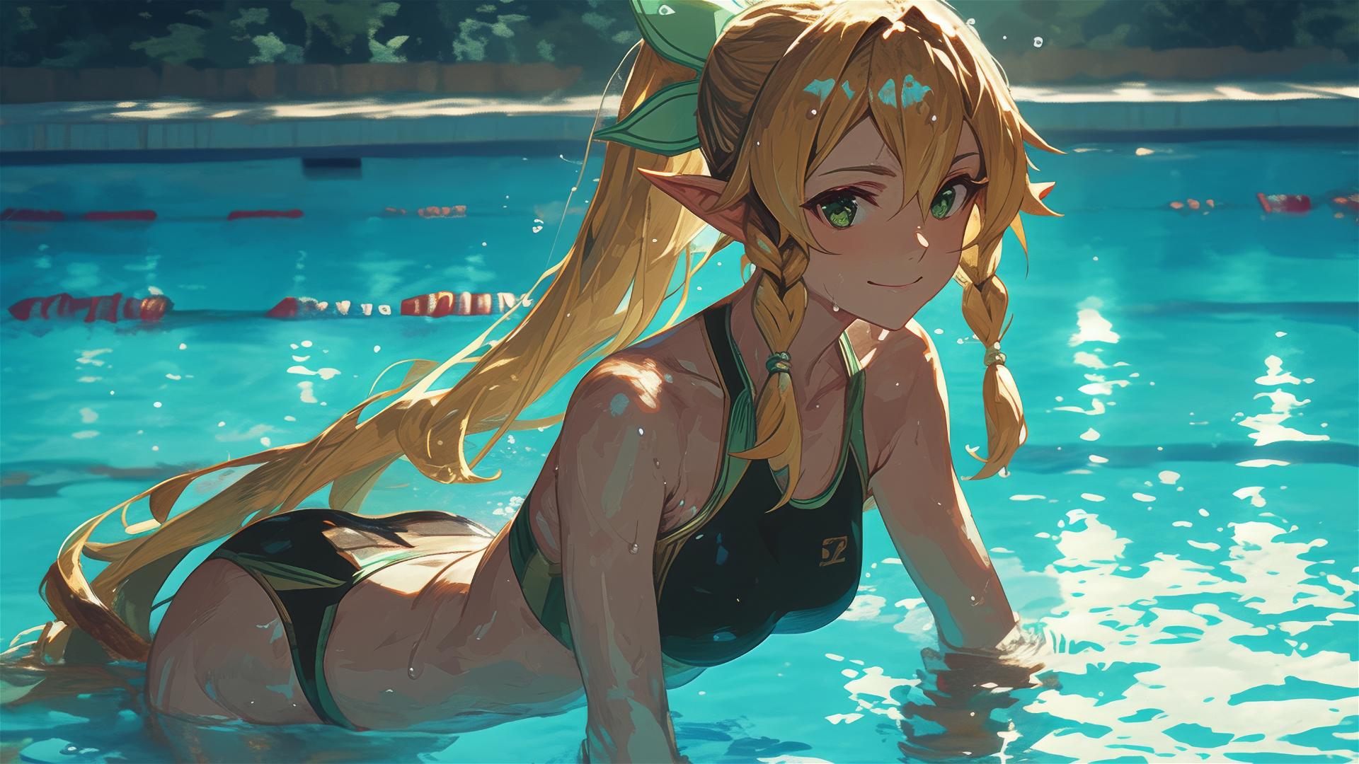 Leafa from SAO standing in a pool under moonlight