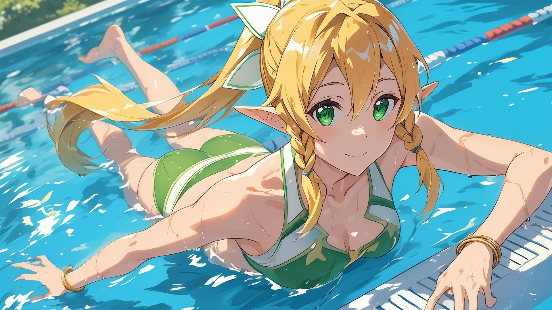 Leafa from Sword Art Online swimming in a pool under moonlight