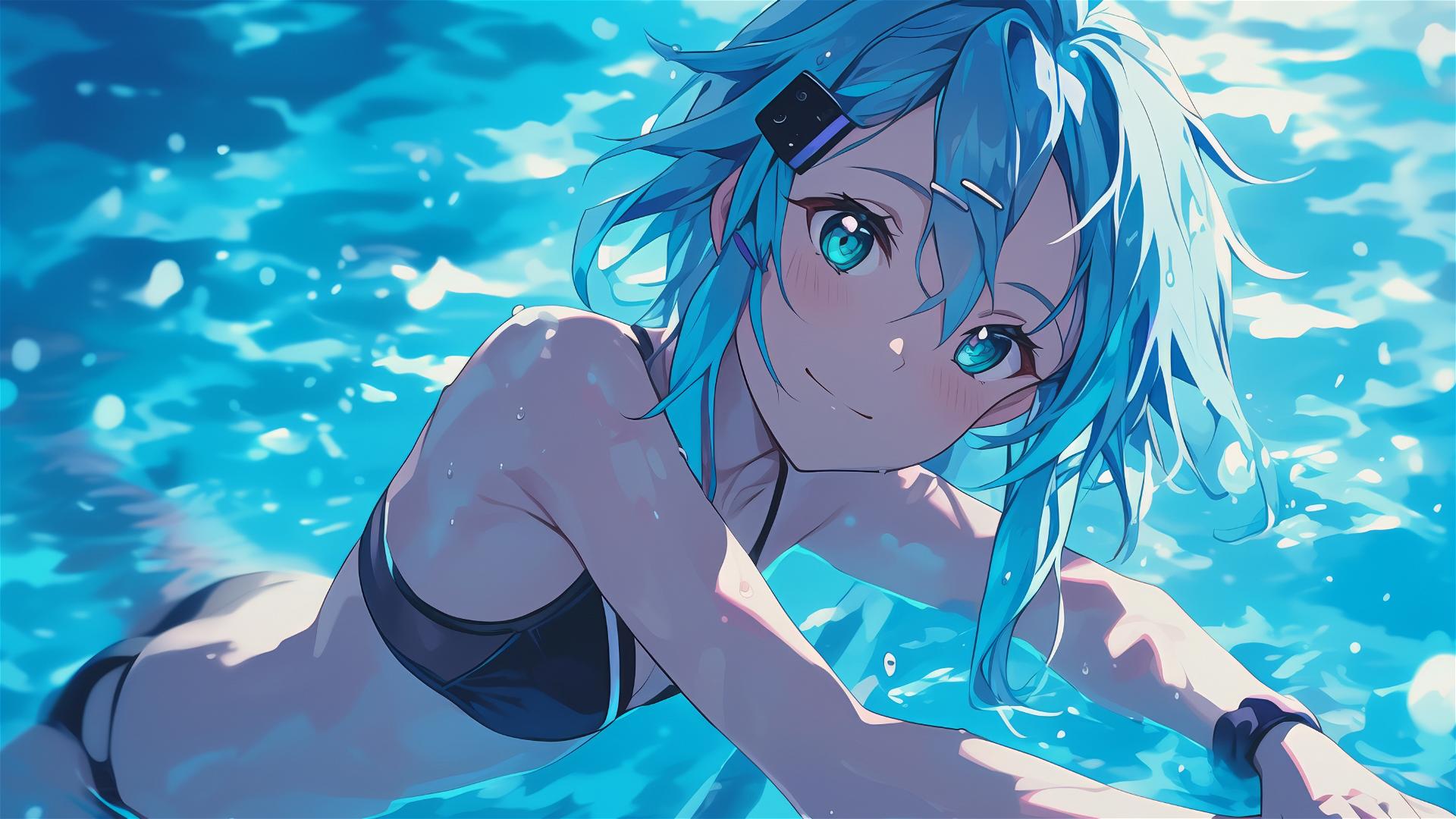 Sinon from SAO standing in a pool under moonlight, green eyes glowing