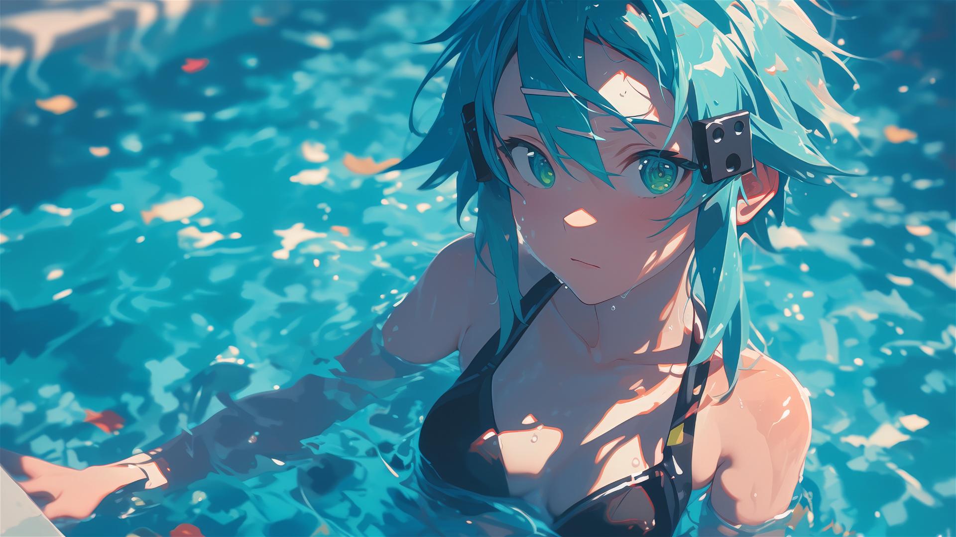 Sinon from Sword Art Online standing in a pool under moonlight with green eyes
