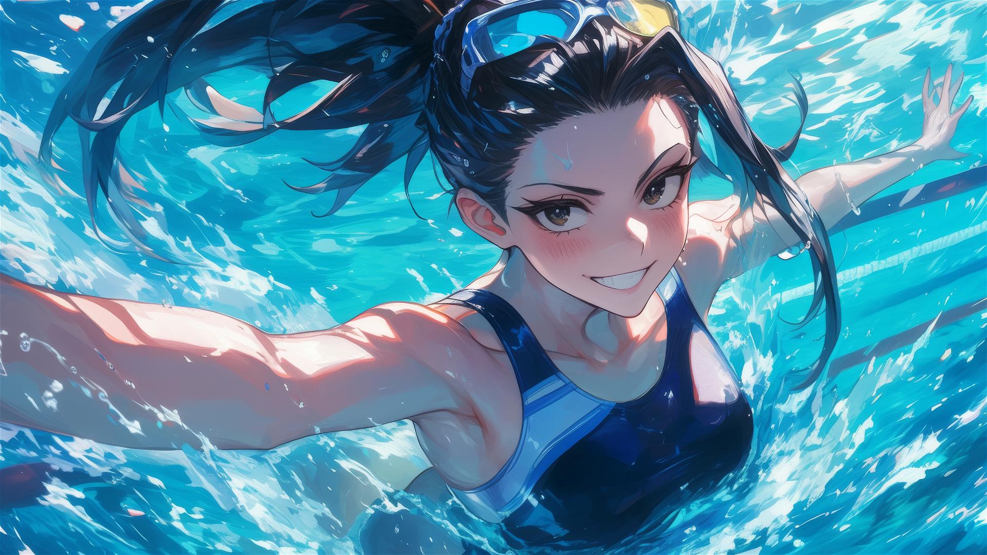 Momo Yaoyorozu swimming under the moonlight in a pool