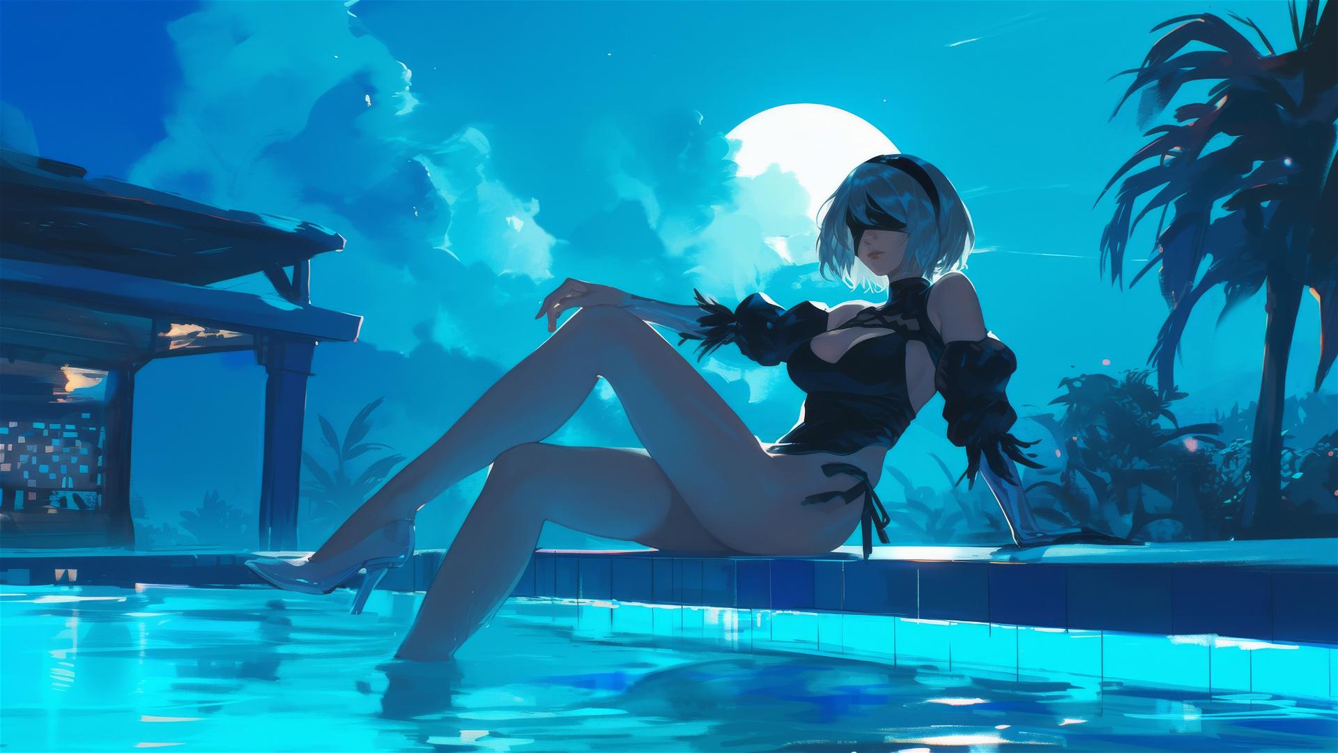 2B from Nier resting by pool under moonlight