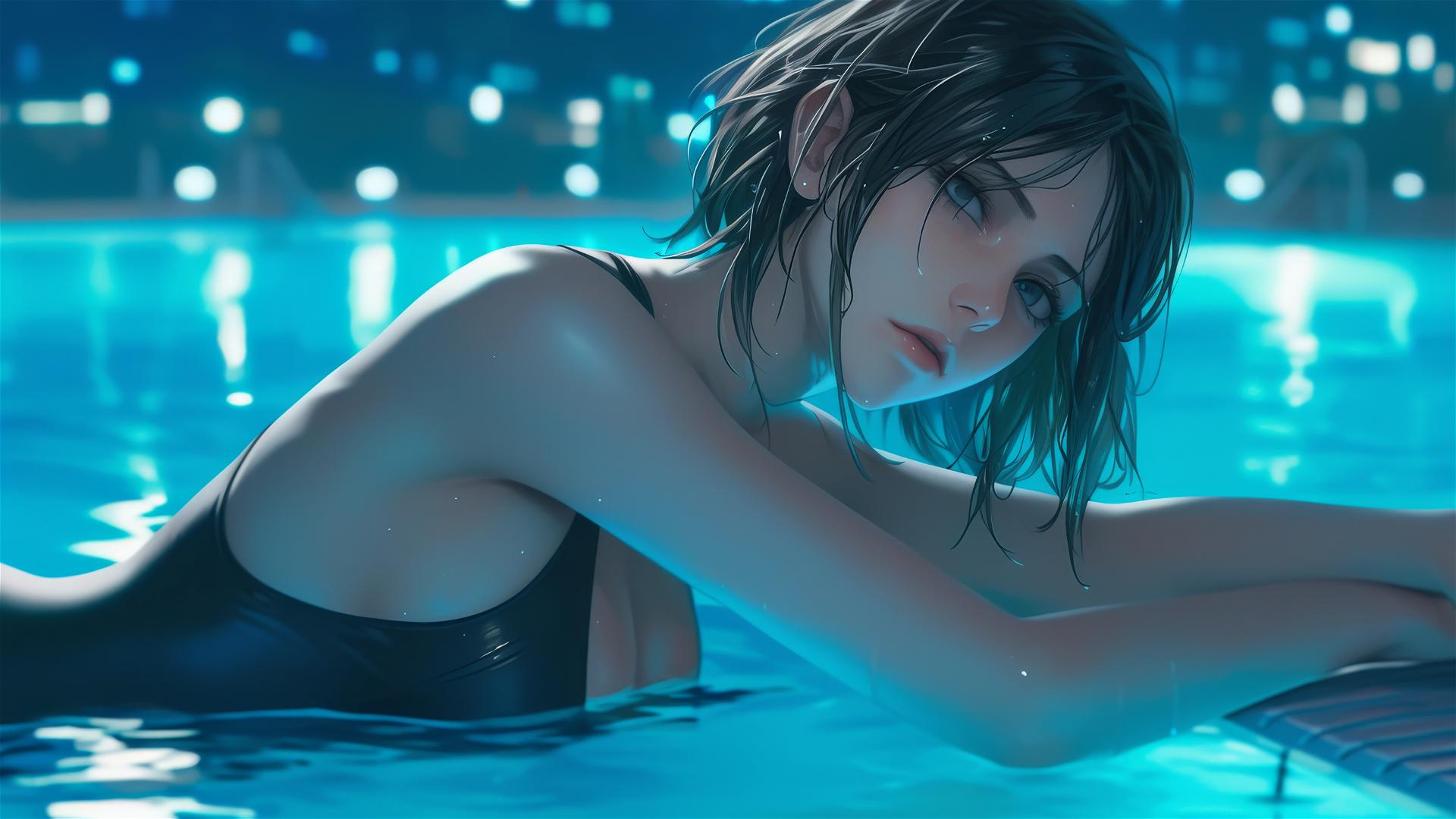 Mikasa Ackerman from Attack on Titan resting by the pool under moonlight