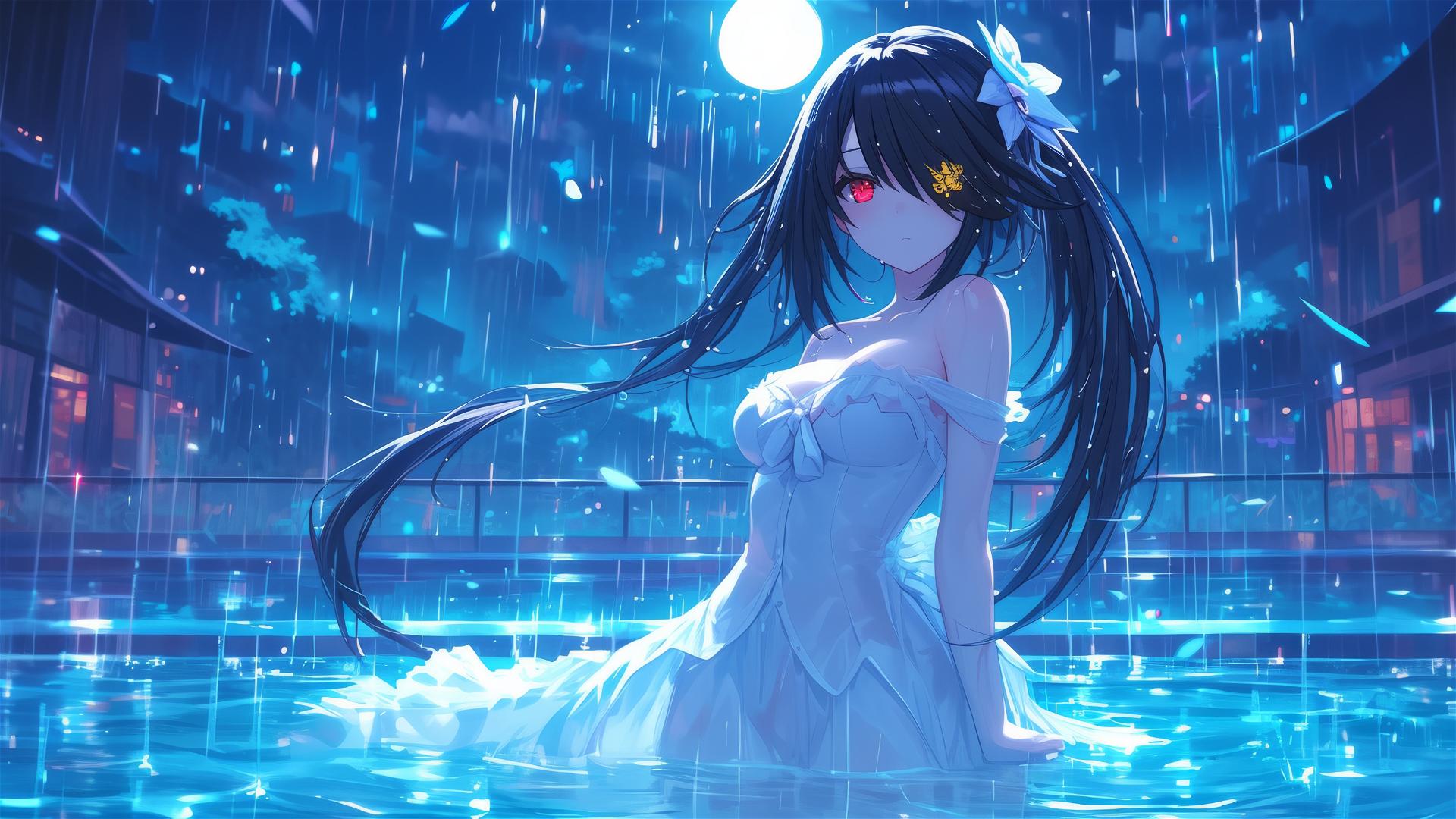 Kurumi Tokisaki in white dress by moonlit rainy pool, with one red and one yellow eye
