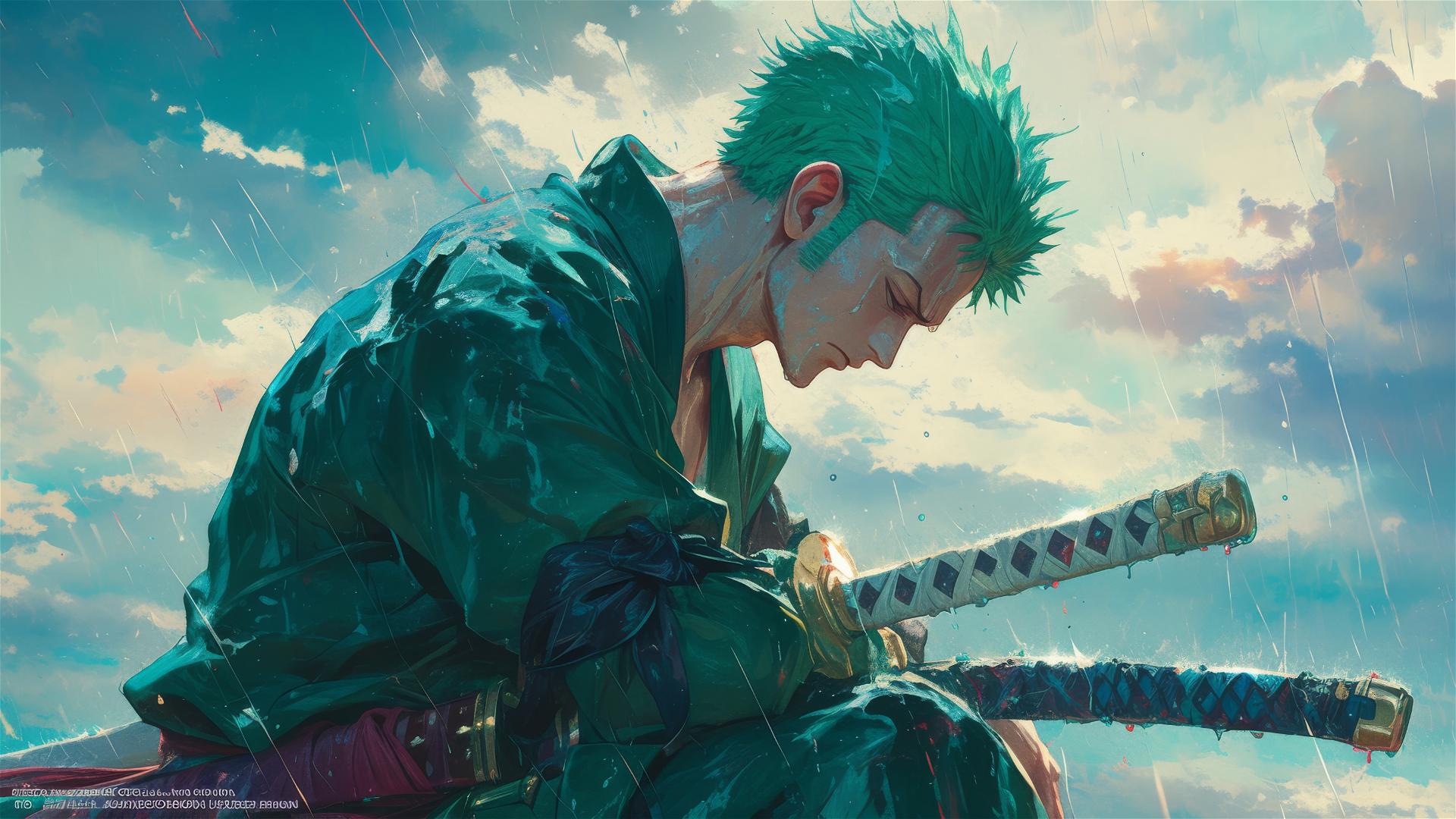 Zoro from One Piece looking down at defeated foe in rainstorm