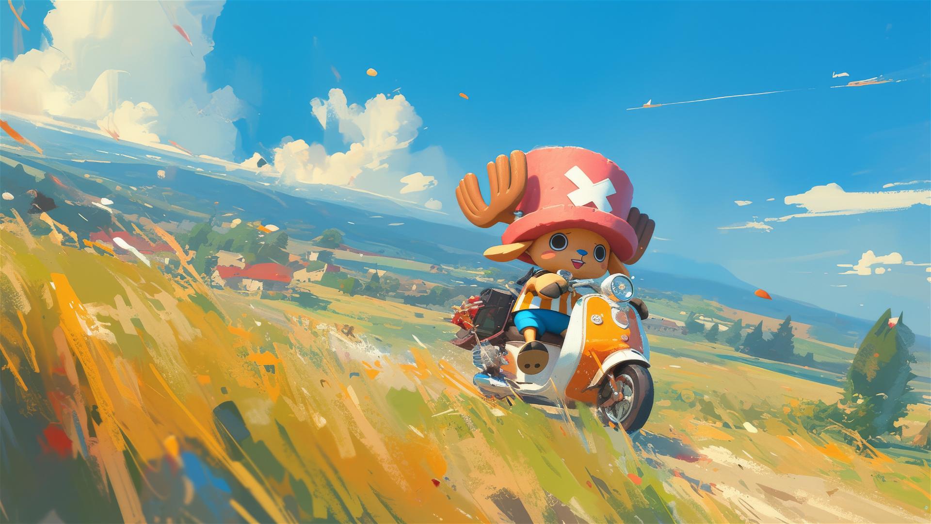 Tony Chopper from One Piece on a scooter in the countryside