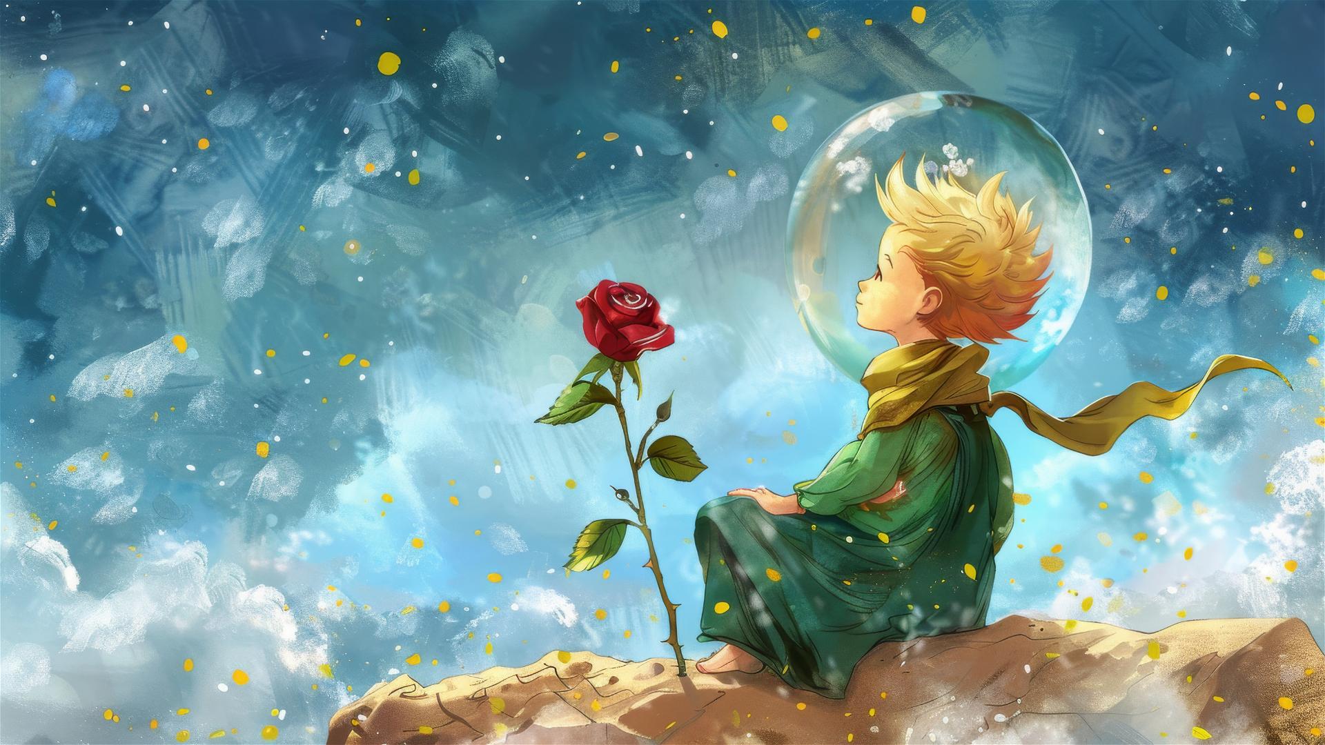 The Little Prince on his planet with a rose in glass, gazing at rainy sky, abstract naive watercolor
